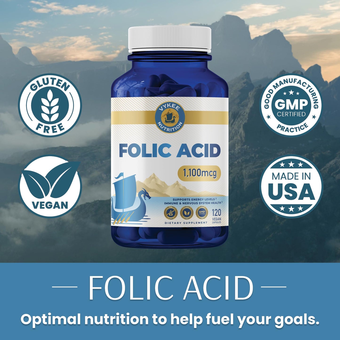 Vykee Nutrition Folic Acid Supplement – High-Potency Vitamin B9 1,870mg DFE Folate, 1,100mg Folic Acid | Vegan, Non-GMO | Supports Cellular Health, Energy Production & Prenatal Wellness | 120 Capsules