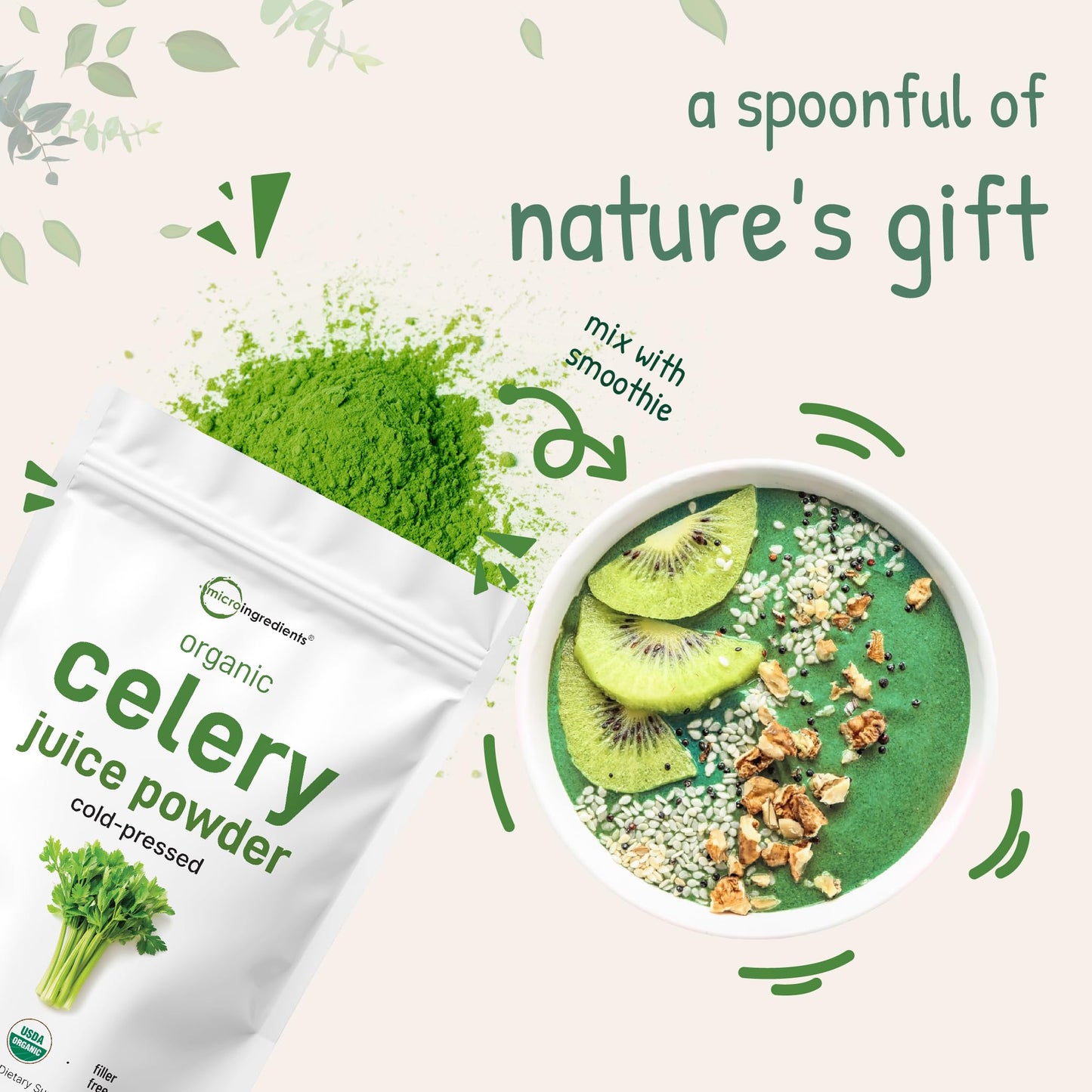 Organic Celery Juice Powder, 20 Ounce (1.25 Pound), 70 Serving, Celery Detox and Cold Pressed, Boosts Immune System, Energy and Supports Gut Health, Rich in Immune Vitamin C and Minerals, Vegan