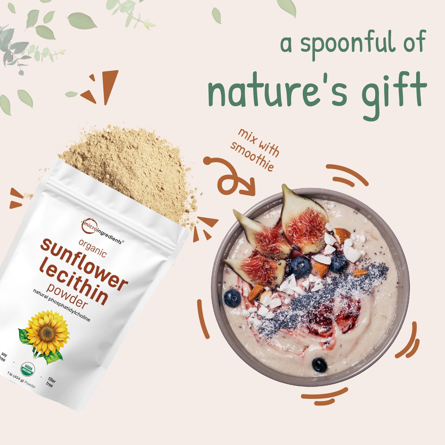 Micro Ingredients Organic Sunflower Lecithin Powder, 1 Pound, Sustainable Farmed, Cold Pressed, Rich in Phosphatidyl Choline and Protein, Making Liposomal Vitamin C, Lactation Supplement, Non-GMO