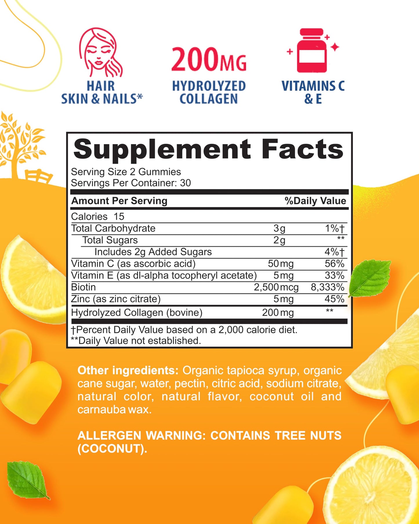 SUNNY SAM Biotin Collagen Gummies for Women & Girls - Low Sugar 60 Chewable Beauty Collagen Gummies for Enhanced Hair Skin and Nails - Biotin, Vitamin A, Zinc Supplement - Natural Lemon Flavor