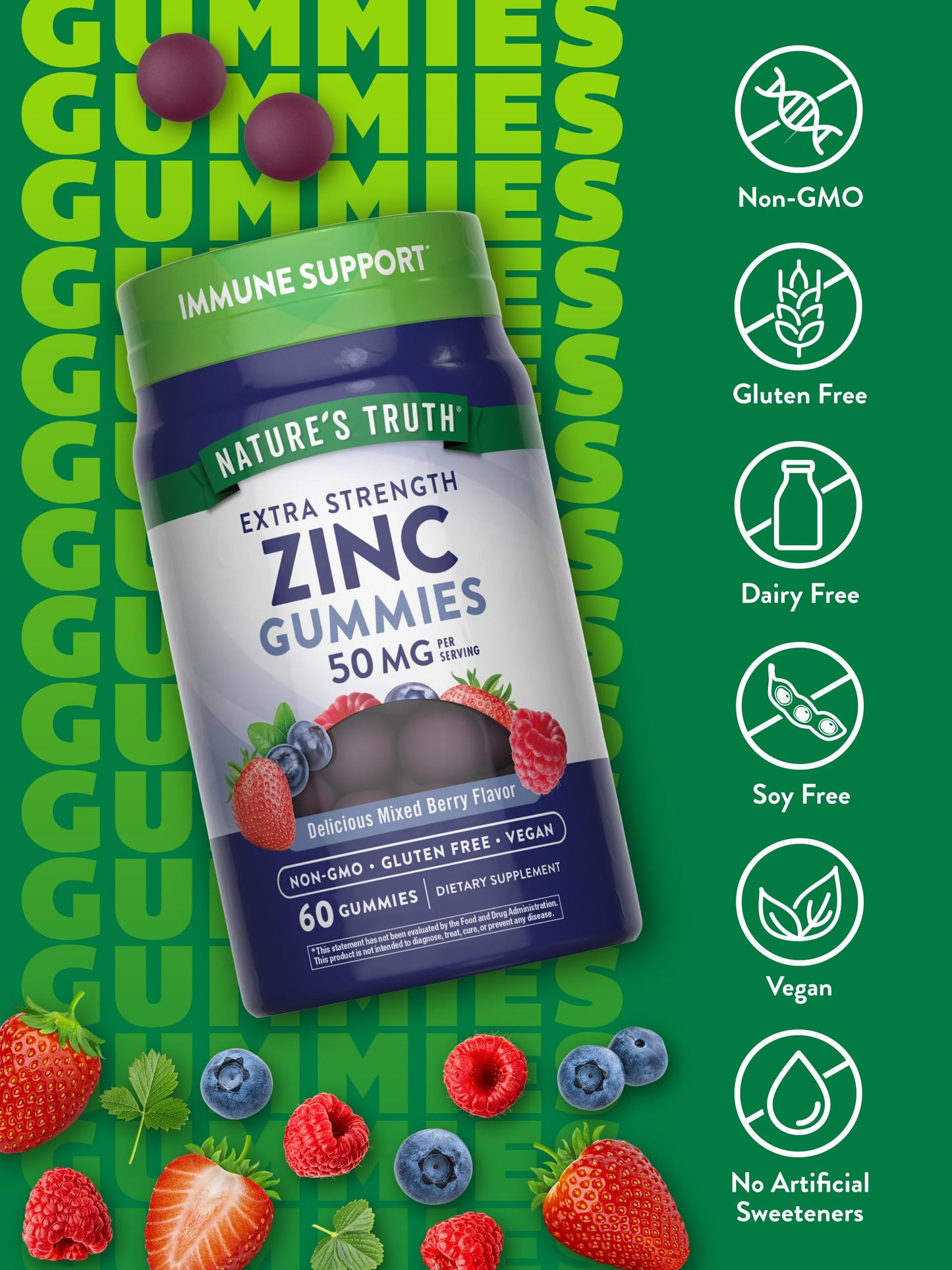 Nature's Truth Zinc Gummies for Adults | 50 mg | 60 Count | Vegan, Non-GMO & Gluten Free Extra Strength Supplement | Mixed Berry Flavor
