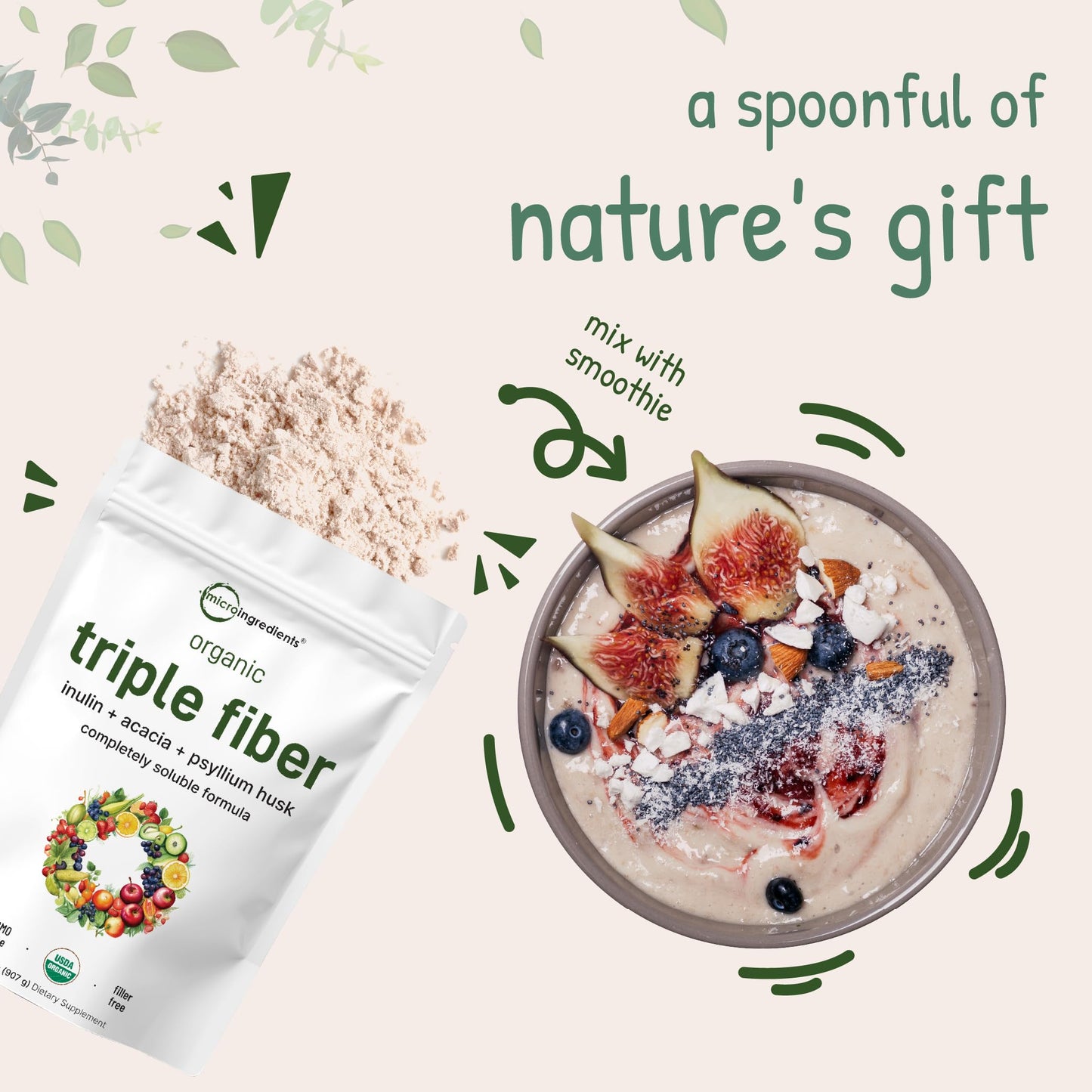 Organic Fiber Supplement (Inulin, Acacia, Psyllium Husk), 2 Pounds, 3-in-1 Formula, Daily Soluble Fiber, Unflavored, Prebiotics Supplement for Digestive Health, Hunger Control, Vegan