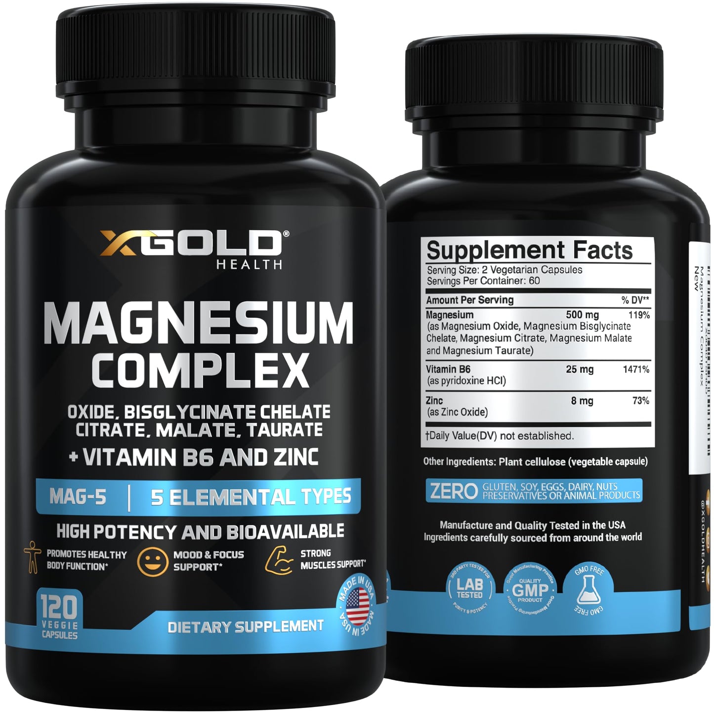 Micronized Magnesium Complex Plus B6 | Zinc Magnesium Oxide, Bisglycinate Chelate,Citrate, Malate | Taurate | Bones, Muscle, Energy,Immune System High Absorption - Made in The USA