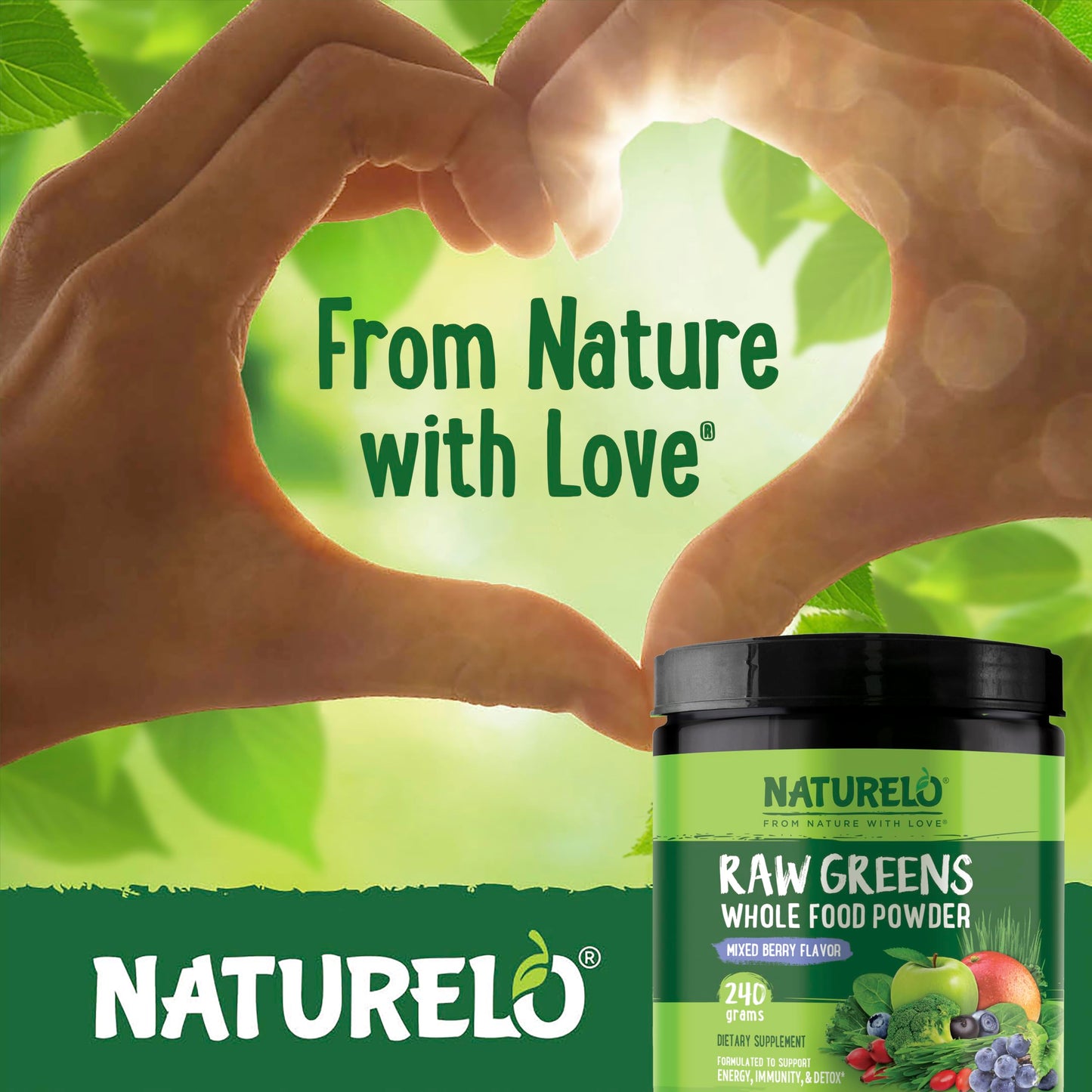 NATURELO Raw Greens Superfood Powder - Mixed Berry - Boost Energy, Detox, Enhance Health - Organic Spirulina - Wheat Grass - Whole Food Nutrition from Fruits & Vegetables - 240 Grams