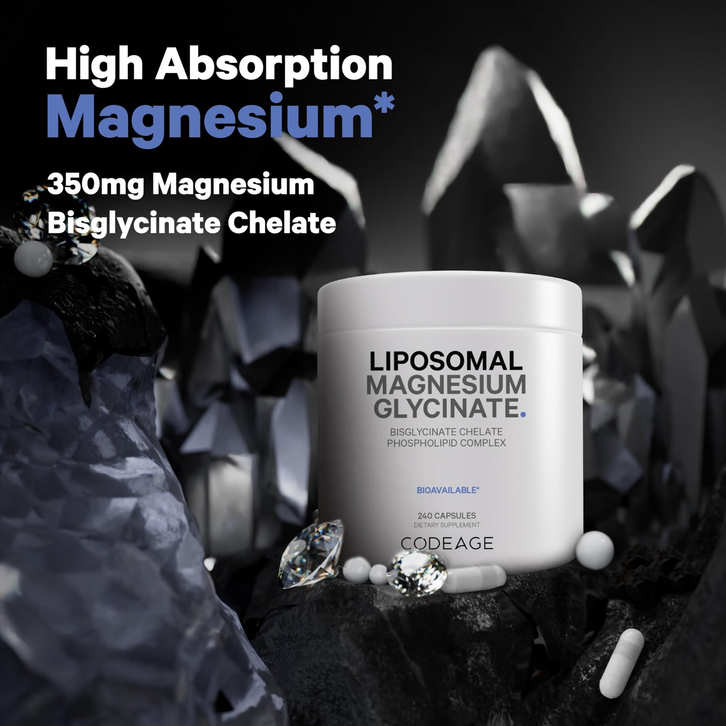 Codeage Liposomal Magnesium Glycinate Supplement, 2-Month Supply, Bisglycinate Magnesium Chelate, Chelated Magnesium Mineral Pills, BioPerine Black Pepper Vitamins Capsules, Non-GMO Vegan, 240 ct