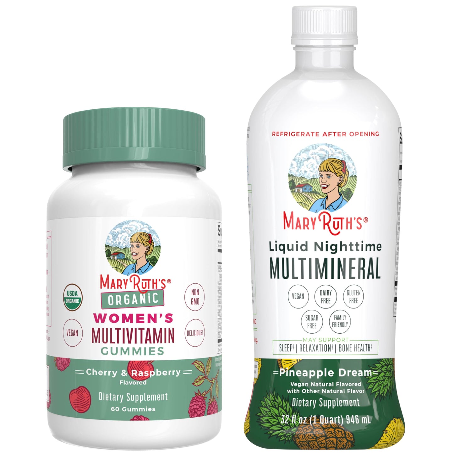 MaryRuth's Multivitamin Gummies for Women (Cherry & Raspberry) & Liquid Nighttime Multimineral (Pineapple) | Clean Label Project Verified® | Vegan | Beauty, Bedtime Routine, & Overall Health