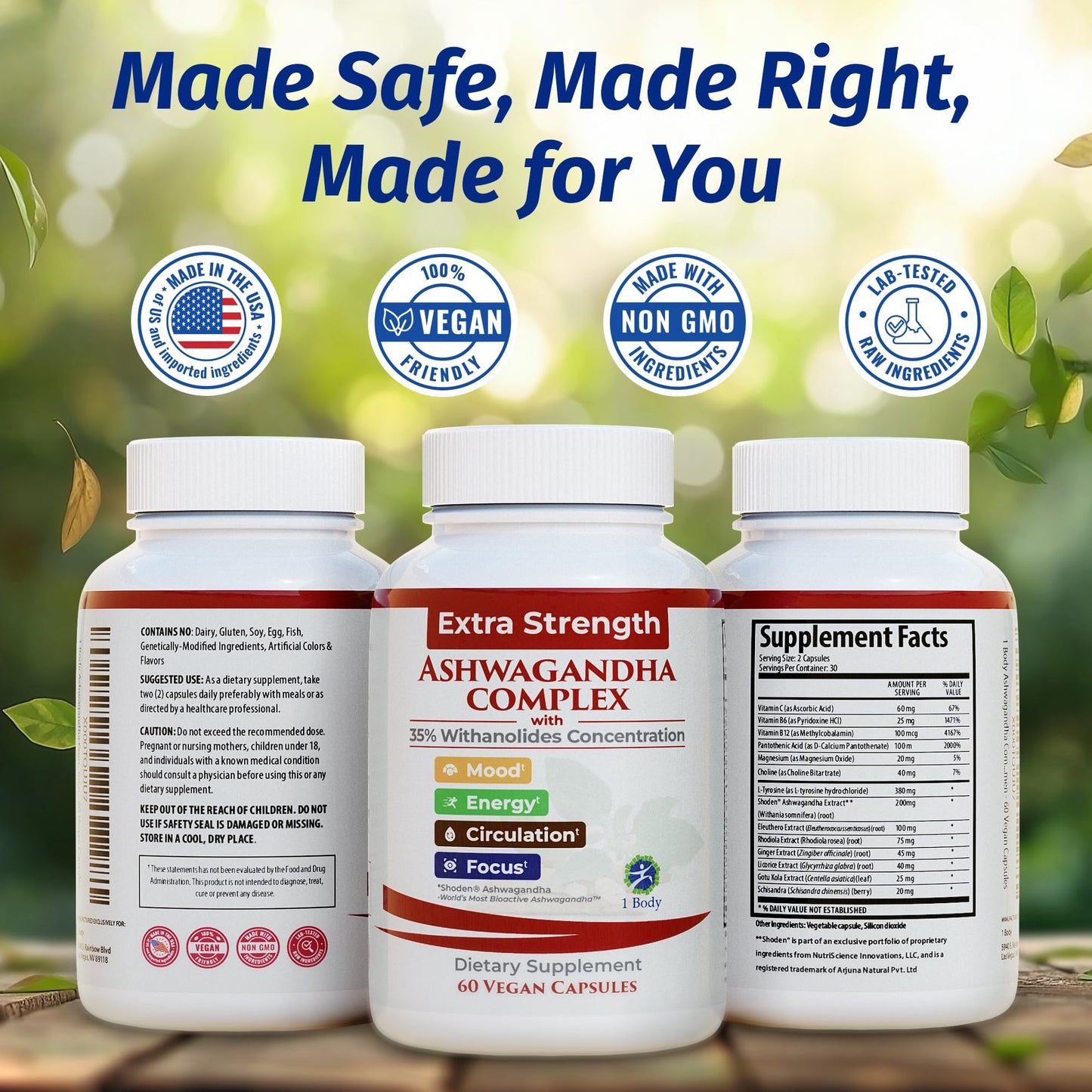 1 Body Ashwagandha Complex with Shoden® – Clinically Supported Stress Relief, Sleep, and Energy Support – Vegan, Non-GMO Supplements – 60 Capsules