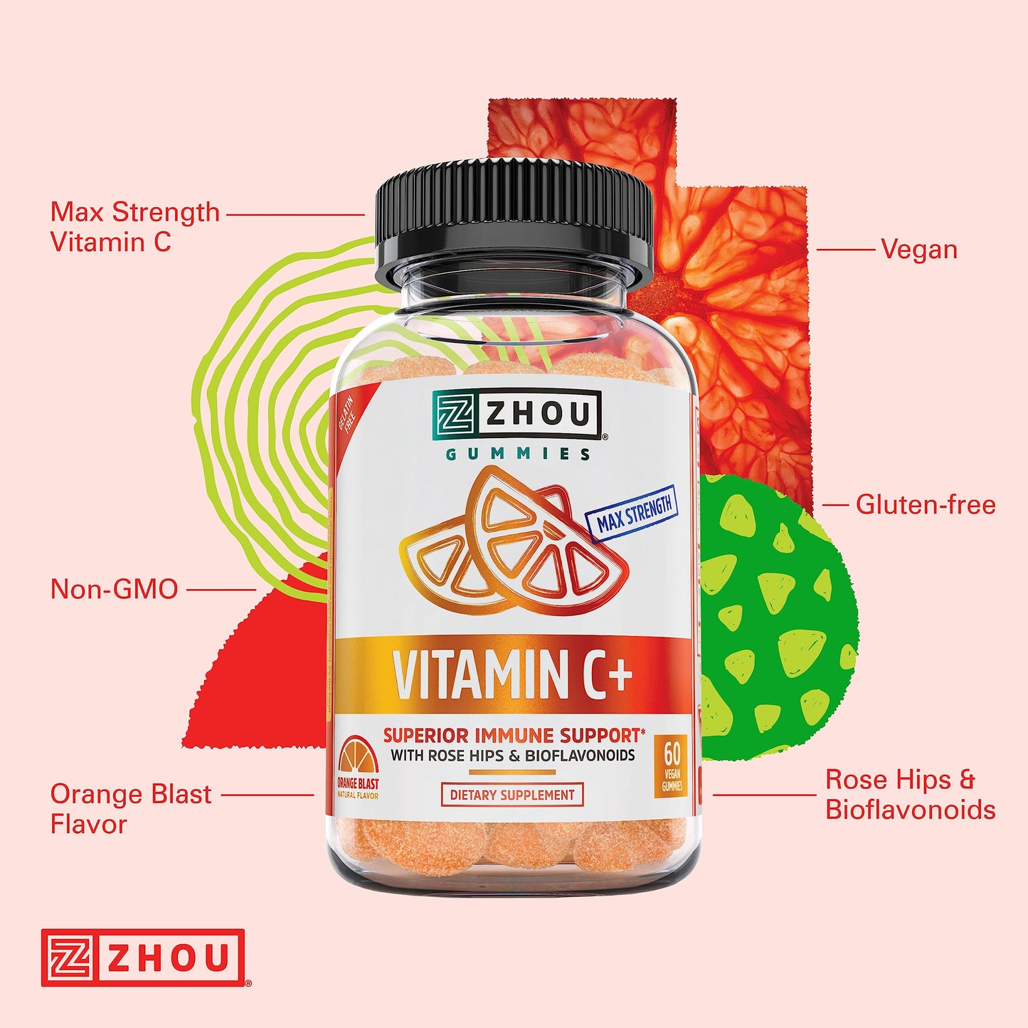 Zhou Vitamin C+ Gummies - Vitamin C Gummies for Adults and Kids, 270 mg per Gummy with Bioflavinoids and Acerola for Immune Support - 60 Vegan Gummies