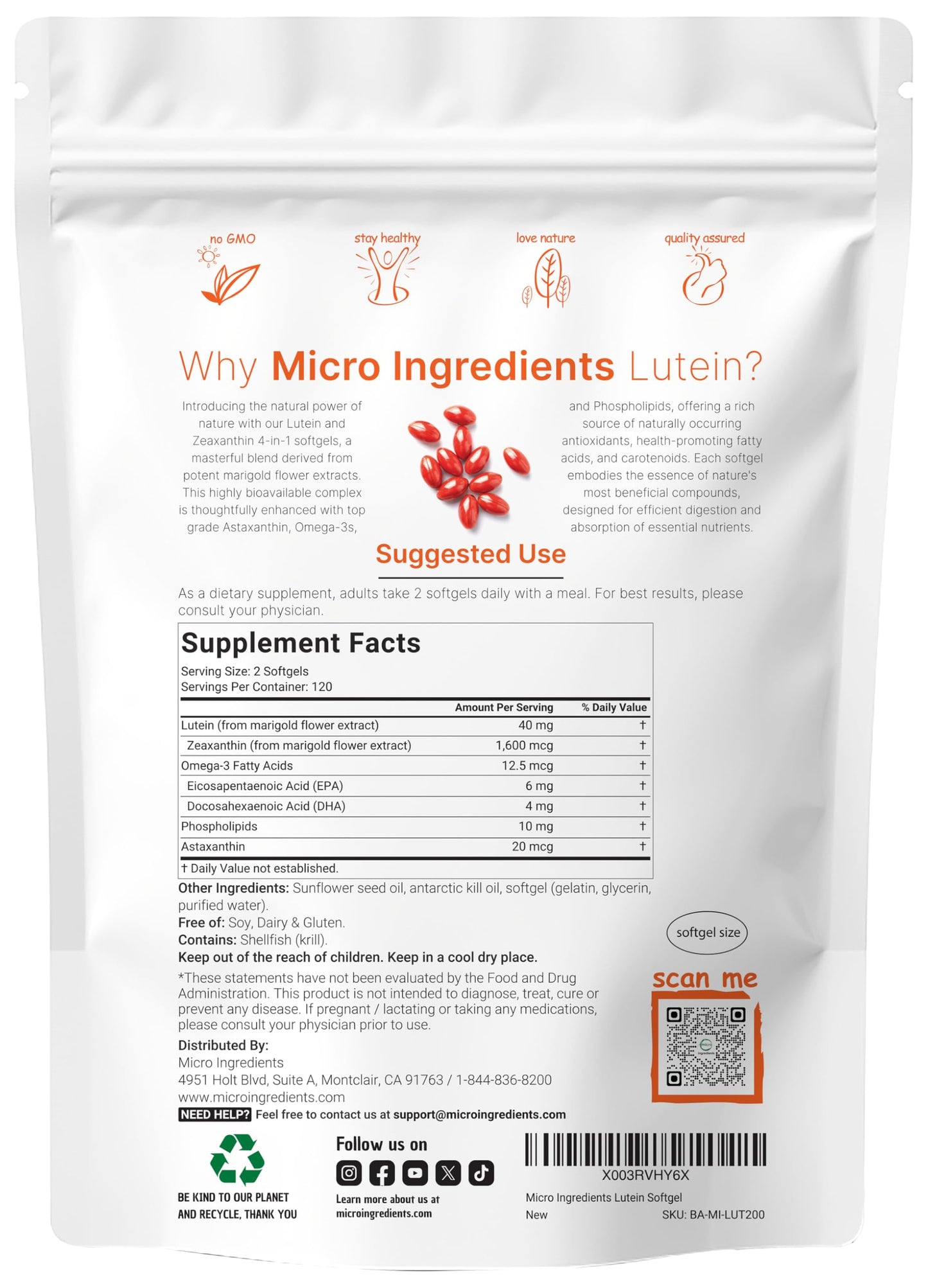 Micro Ingredients Lutein & Zeaxanthin 40mg Softgels, 240 Count, with Astaxanthin, Omega-3s, & Phospholipids | Eye + Vision Health Vitamins | Third Party Tested, Non-GMO, Gluten Free