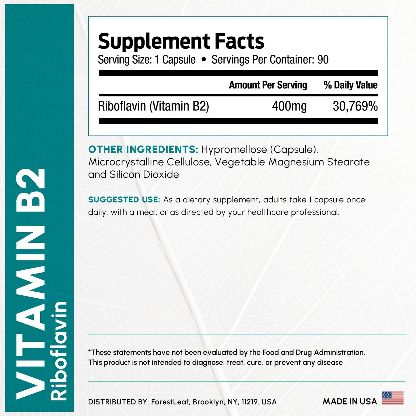 Pre-Order | Arrives in 5–10 Days – ForestLeaf Vitamin B2 Riboflavin 400mg - Energy, Skin & Cellular Health Supplement - Nervous System Support - Vitamin B 2 VIT B - Non-GMO & Gluten Free - B2 Vitamin 400mg Vegetable Capsules, 90 Count