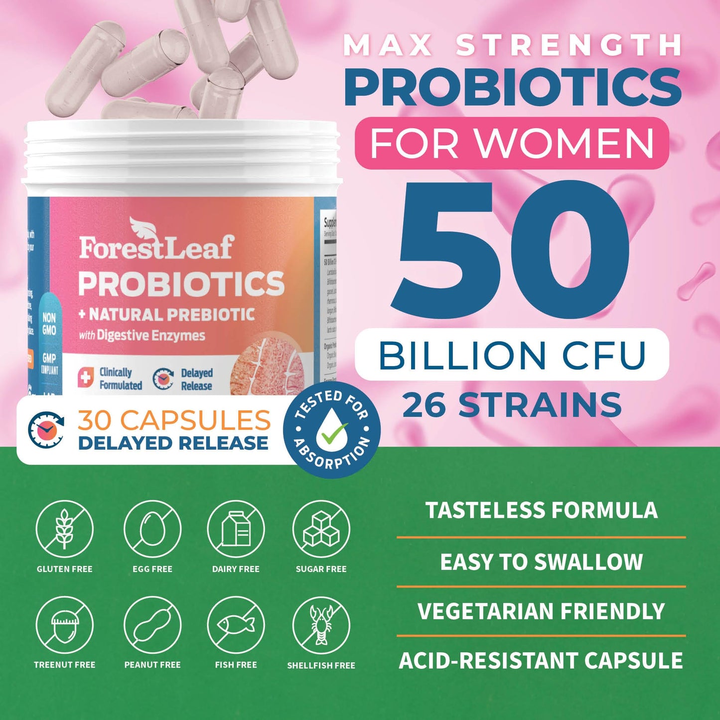 Probiotics for Women, 50 Billion CFU, 26 Unique Strains, Women's Probiotic and Prebiotics Support Digestive Health, w/ Cranberry, Hibiscus & D-Mannose for Vaginal PH Balance, Urinary, Gut (30 Caps)