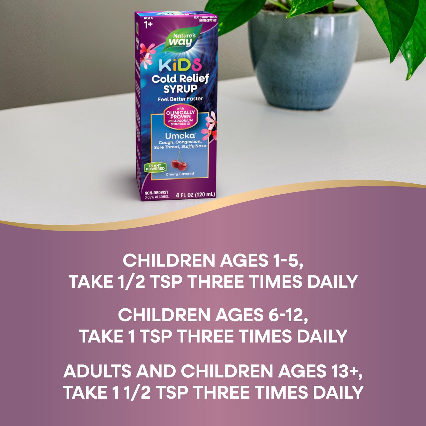 Nature's Way Cold Relief Syrup for Kids 1+, Umcka, Shortens Duration & Reduces Severity, Multi-Symptom Cold Relief, Homeopathic, Phenylephrine Free, Cherry Flavored, 4 Fl Oz (Packaging May Vary)