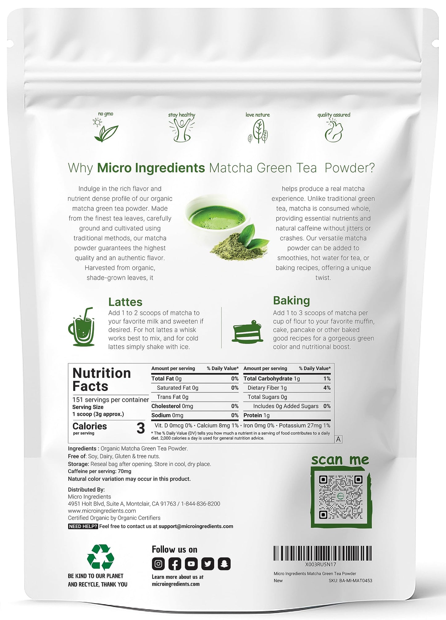 Micro Ingredients Organic Matcha Green Tea Powder, 1lb | Premium First Harvest Japanese for Daily Beverage | 100% Pure Culinary Grade | No Sugar, Eco-Friendly Recyclable Bags