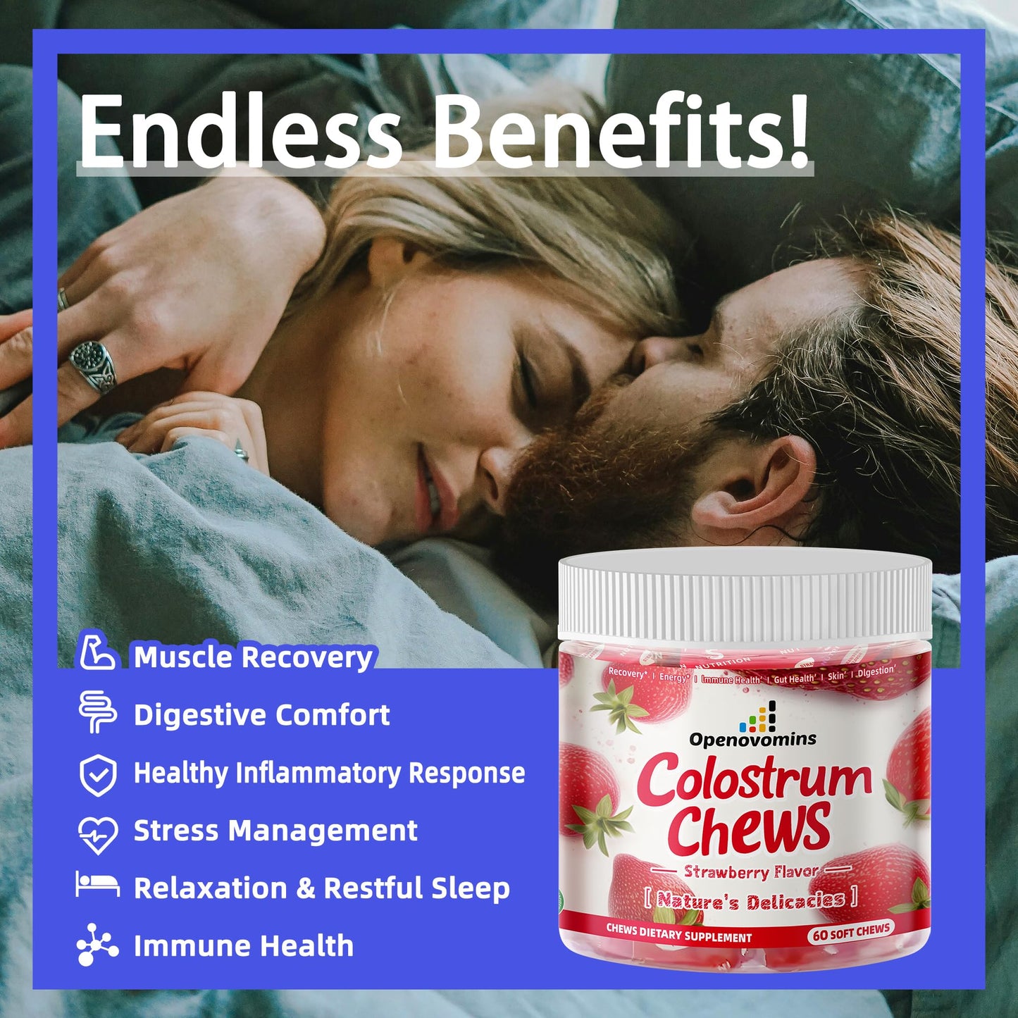 Bovine Colostrum Soft Chews Supplement with probiotics for Gut Health, Bloating, Immune Support, Skin, Hair Growth and Beauty - Blueberry Flavor (60 Servings)