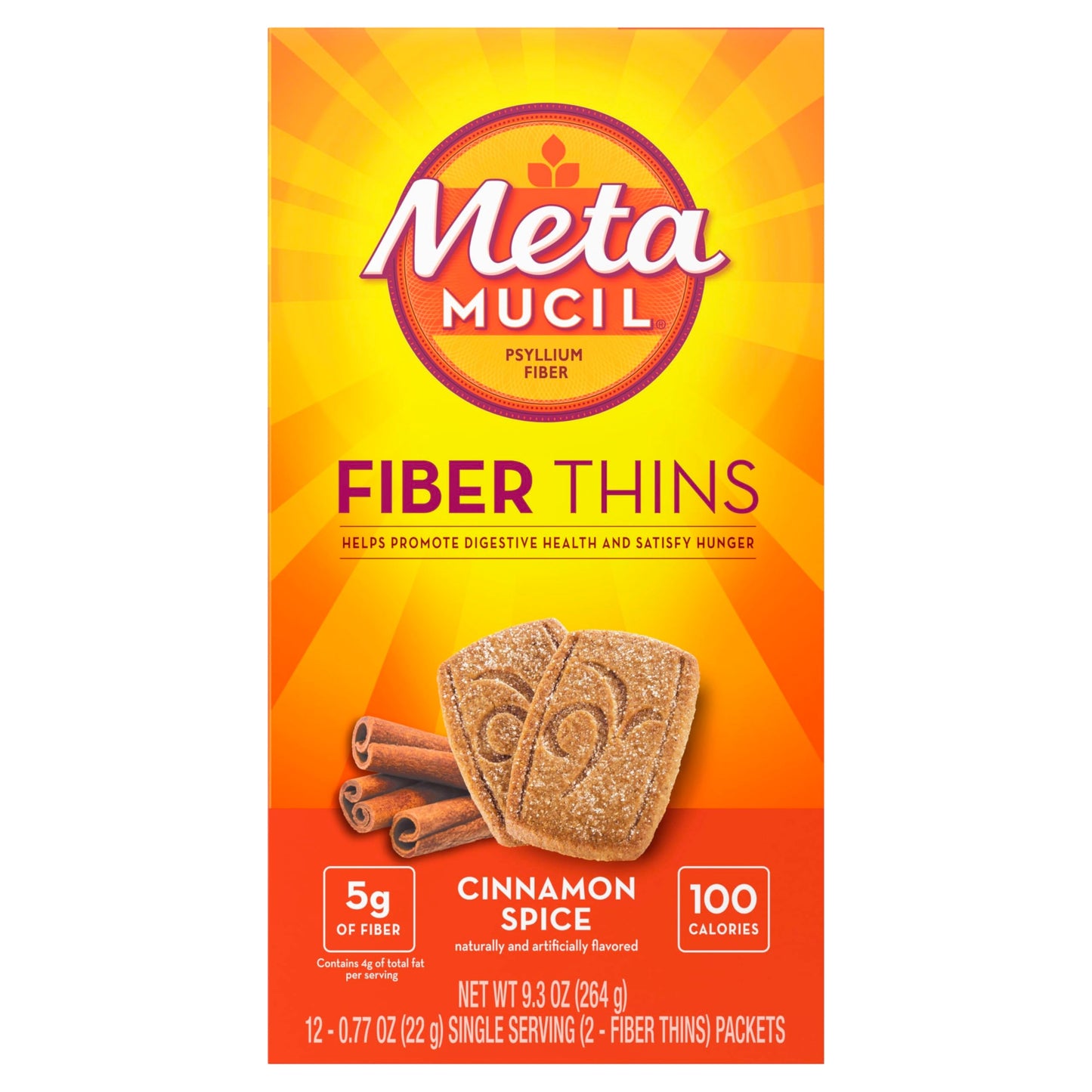 Metamucil Fiber Thins, Psyllium Husk Fiber, 5g Fiber per Serving, Supports Digestive Health and Satisfies Hunger, Daily Fiber Snack, Cinnamon Spice Flavor, 48 Total Servings (4 Packs of 12)