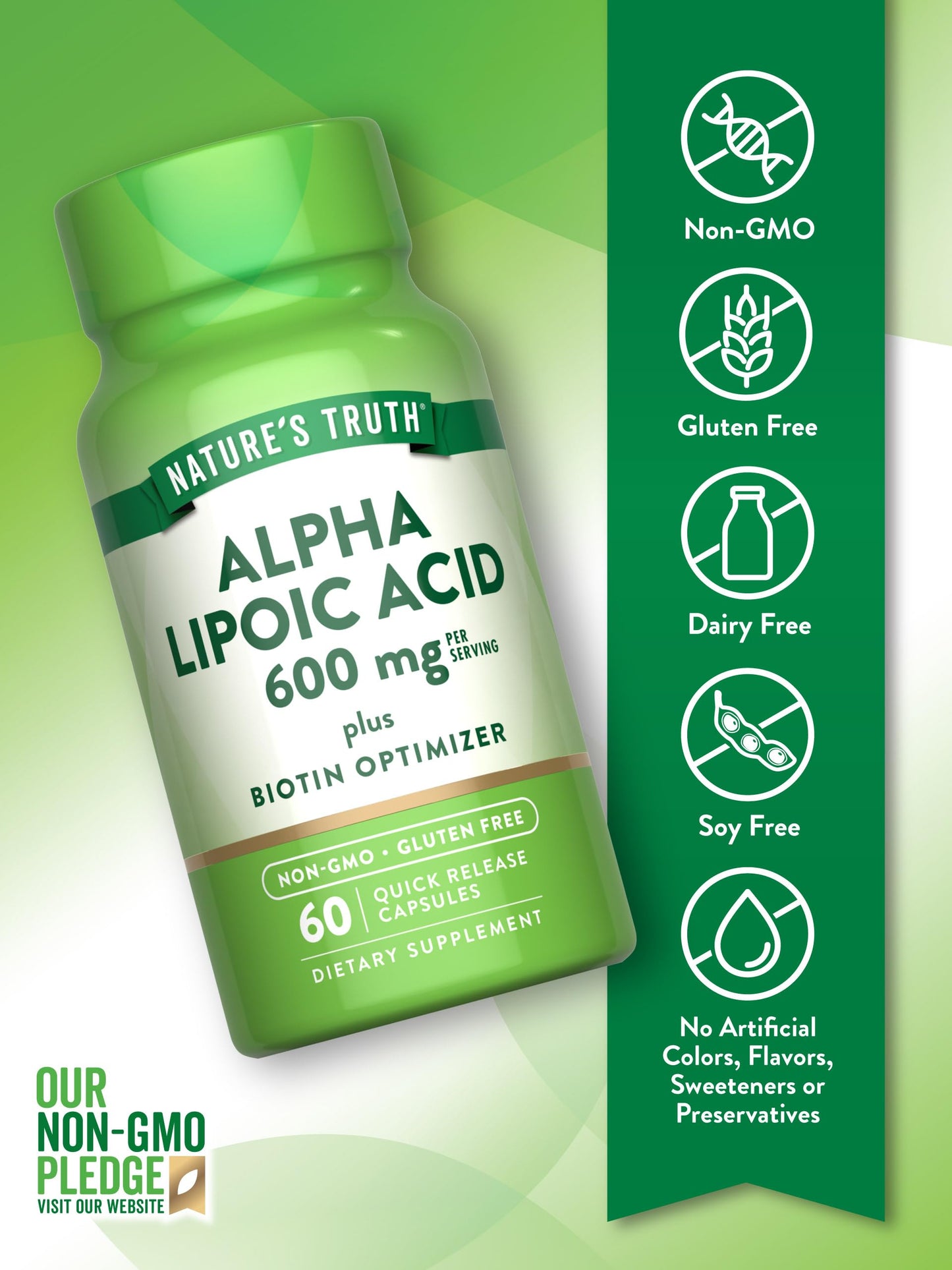 Nature's Truth Alpha Lipoic Acid 600mg | plus Biotin Optimizer | 60 Capsules | Non-GMO & Gluten Free Supplement