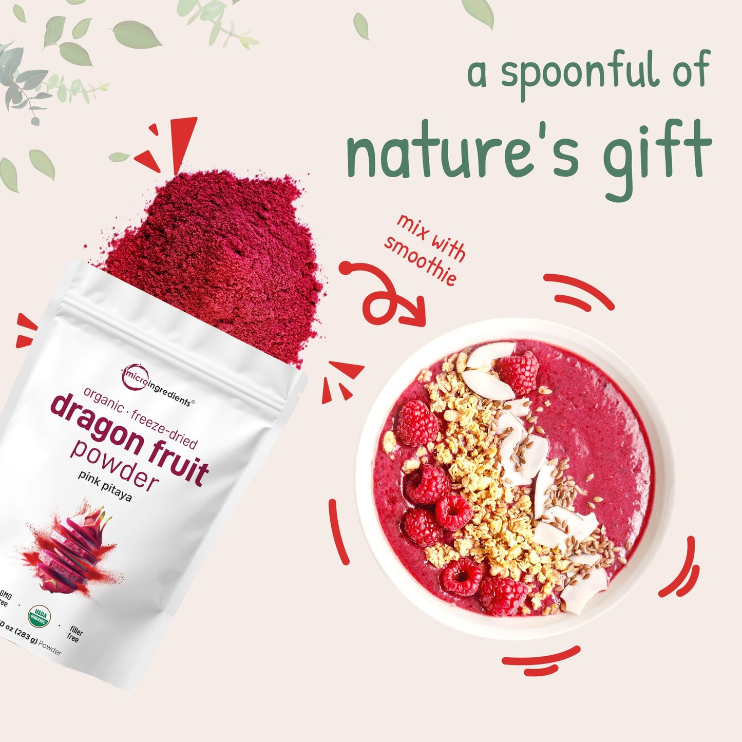 Organic Dragon Fruit Powder, 10oz | 100% Natural Fruit Powder | Freeze-Dried Pink Pitaya Source | No Sugar & Additives | Great Flavor for Drinks, Smoothie, & Beverages | Non-GMO & Vegan Friendly