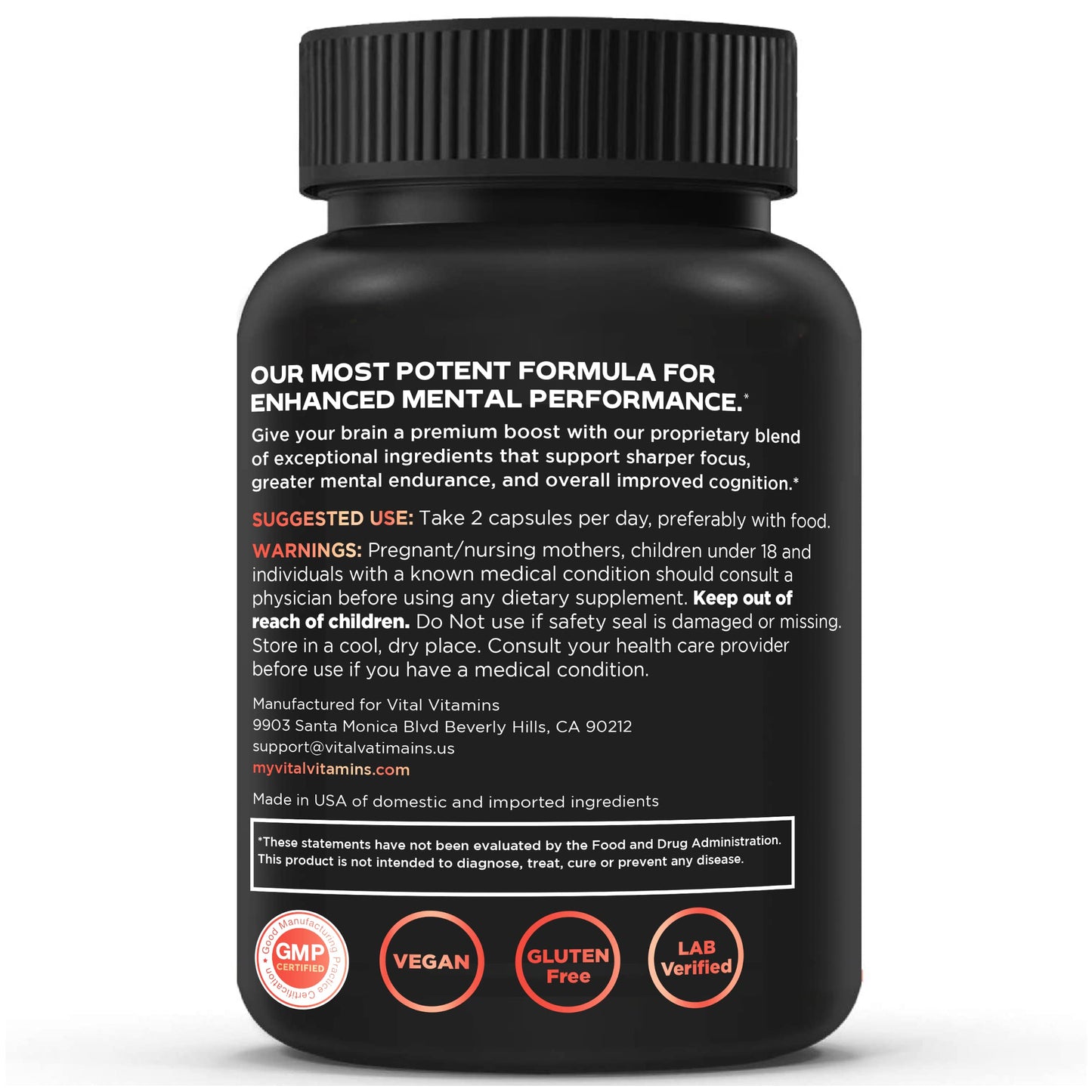 Vital Vitamins Nootropic Brain Supplement Plus - for Memory, Focus, Concentration, Neuro Energy, Clarity - with Lion's Mane Mushrooms - 60 Capsules