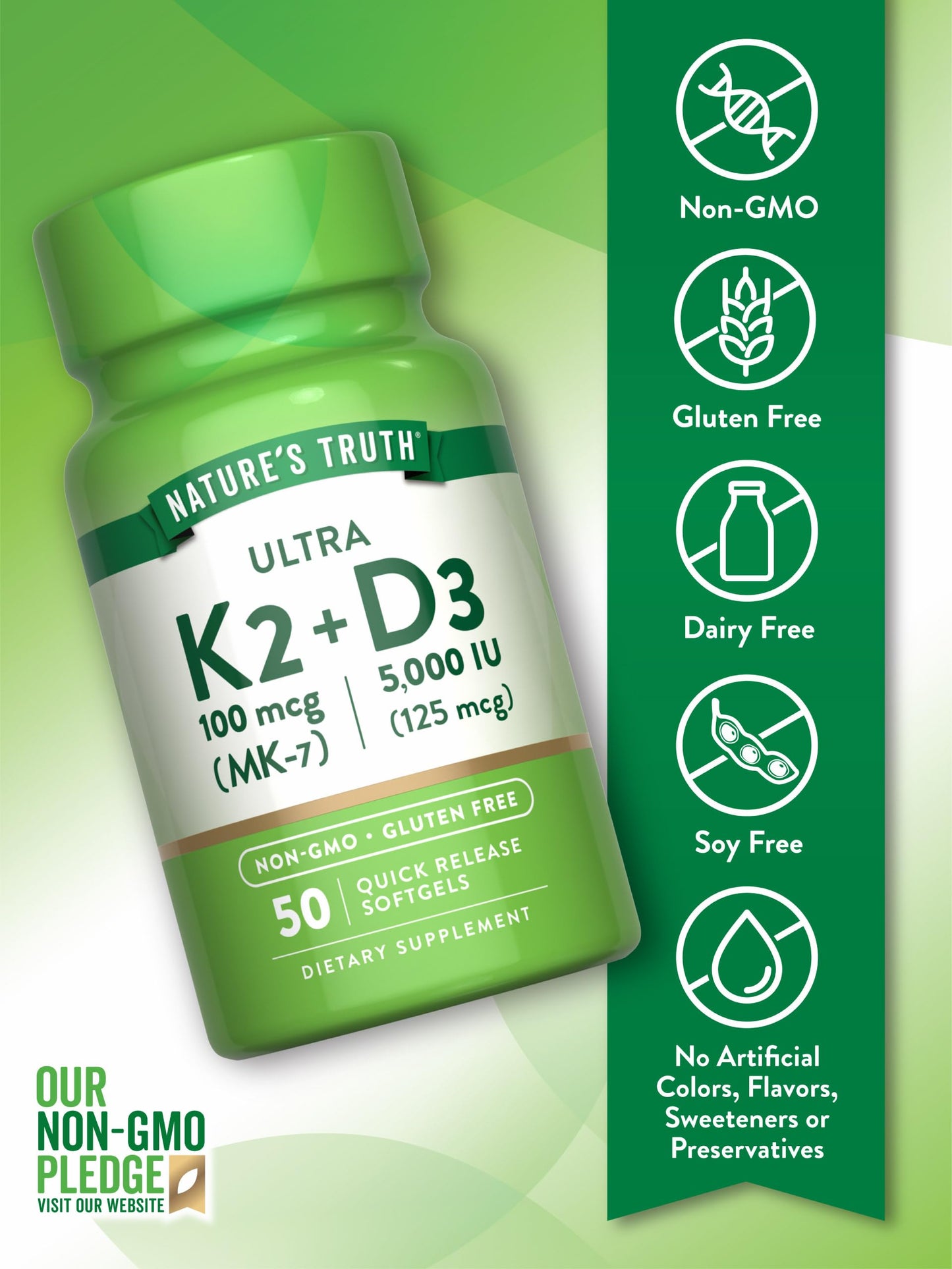 Nature's Truth Vitamin K2 MK7 Complex | 100 mcg | 50 Softgels | with D3 | Non-GMO & Gluten Free Supplement