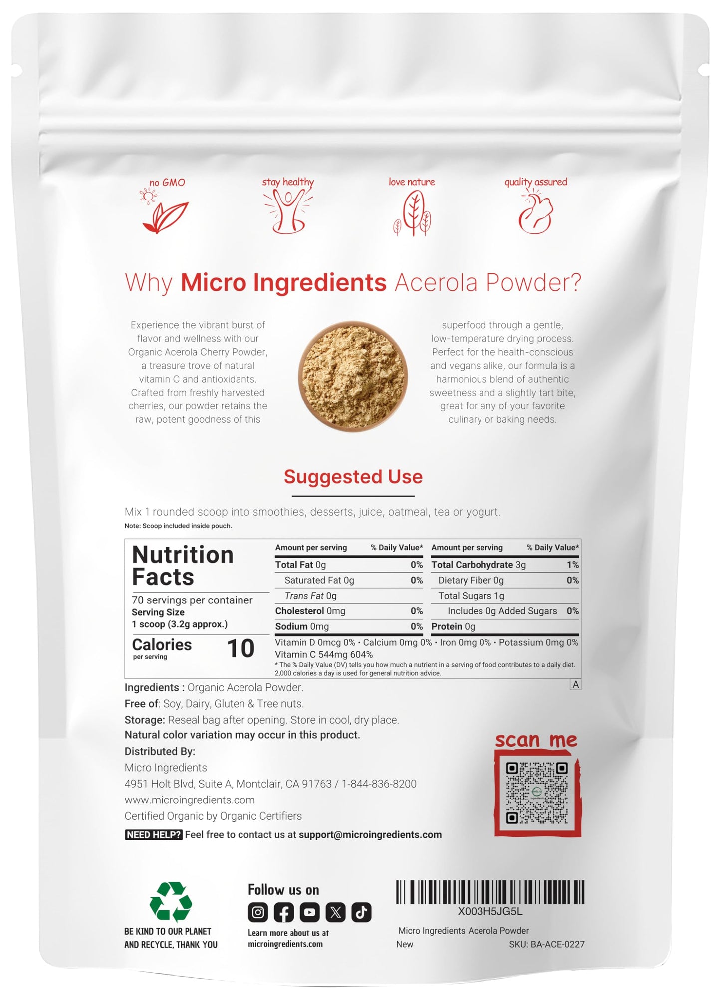 Pre-Order | Arrives in 5–10 Days – Organic Acerola Powder, 8oz | Natural Organic Vitamin C Superfood | No Sugar & Additives | Great Flavor for Drinks, Smoothie, & Beverages | Non-GMO & Vegan Friendly, Brazil Origin