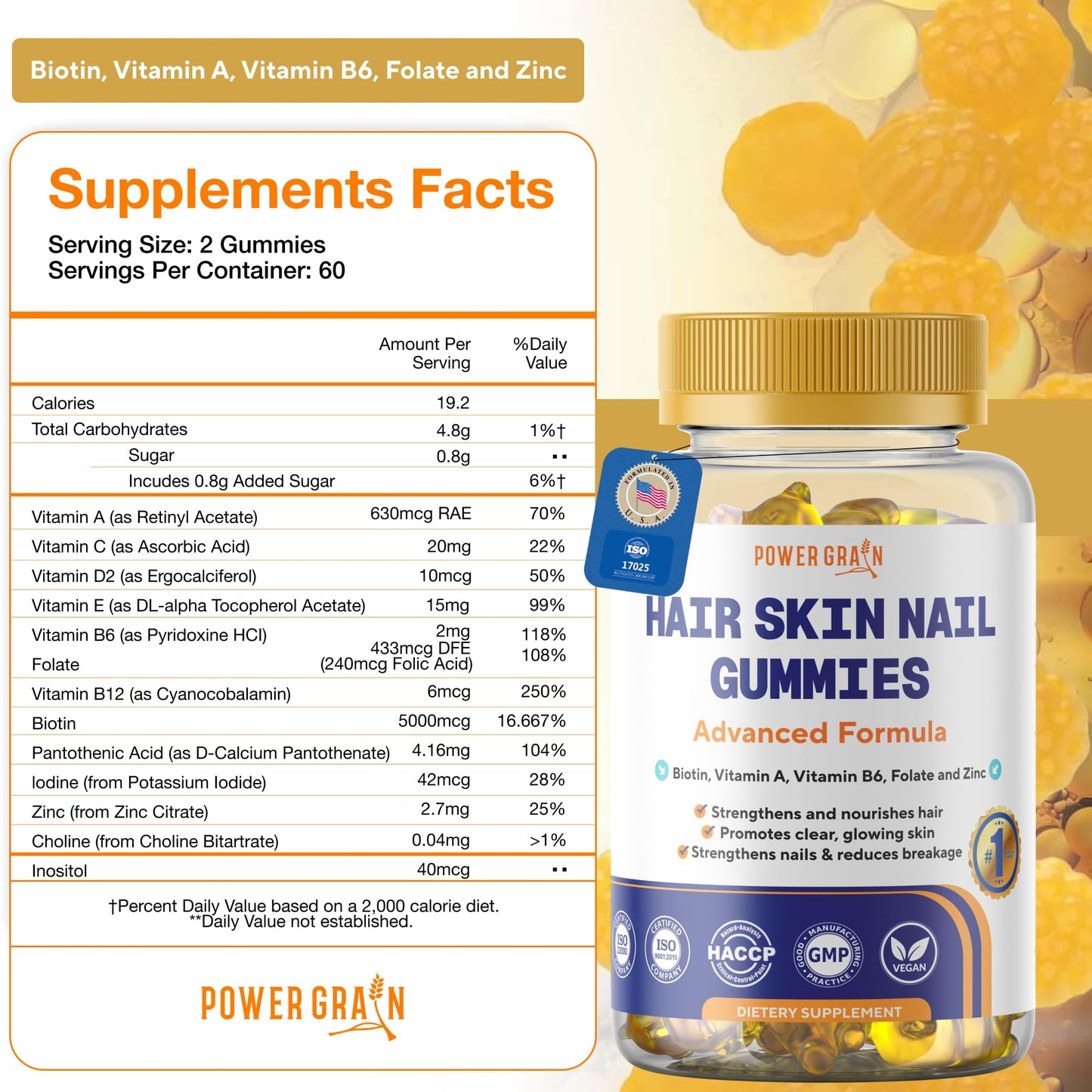 Premium Hair Skin and Nails Gummies – 5000 Mcg Biotin Vegan Vitamins for Men & Women – Promotes Healthy Hair Growth, Strong Nails, Radiant Skin – 10X Extra Strength - Blueberry Flavour