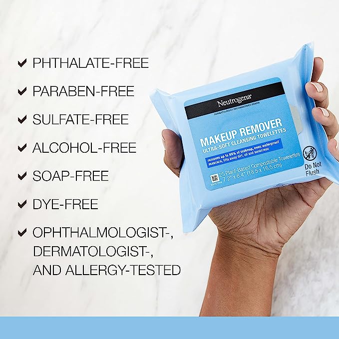 Neutrogena Cleansing Fragrance Free Makeup Remover Face Wipes, Cleansing Facial Towelettes for Waterproof Makeup, Alcohol-Free, Unscented, 100% Plant-Based Fibers, Twin Pack, 2 x 25 ct