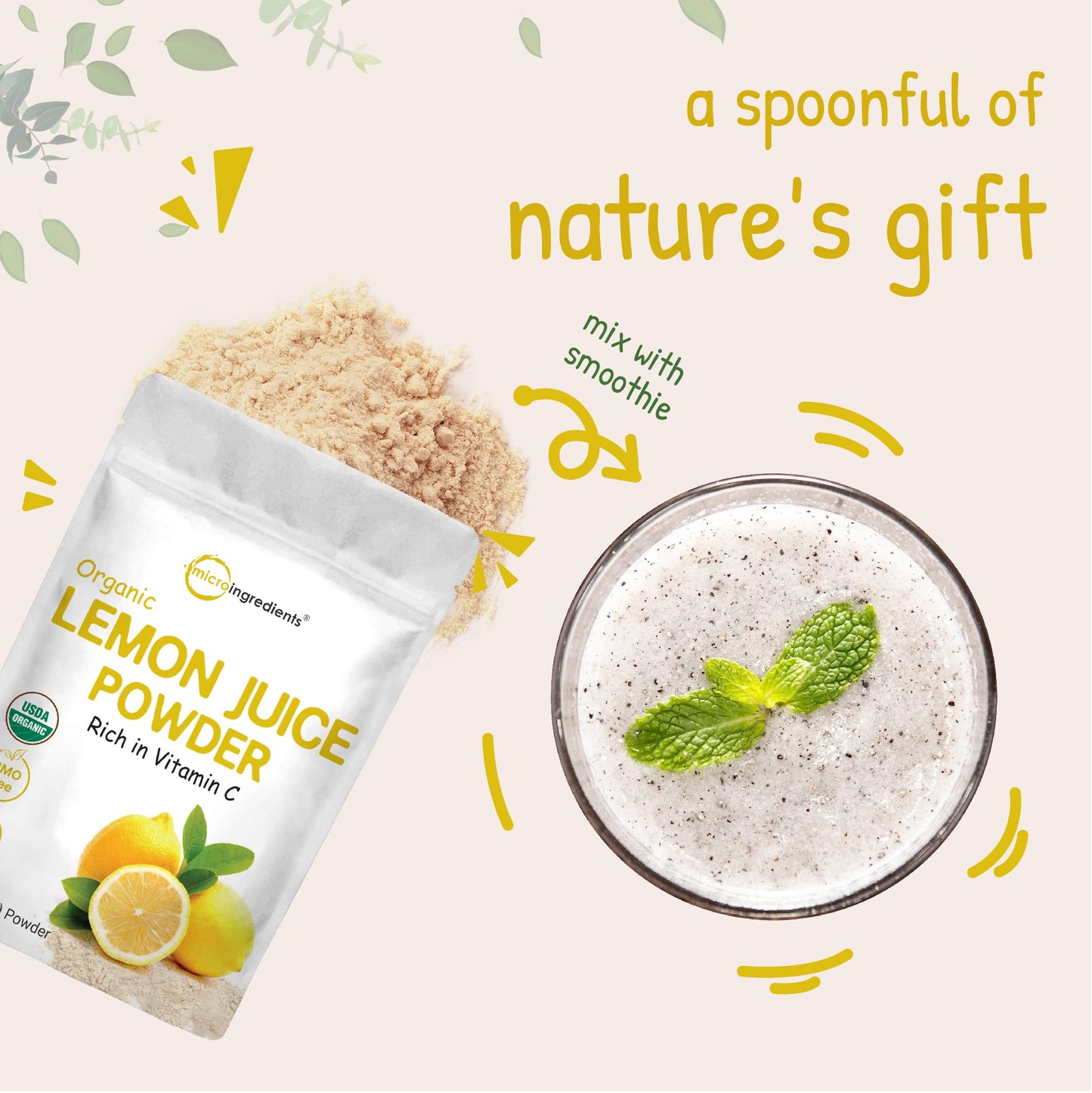 2 Pack Micro Ingredients Organic Lemon Juice Powder, 10 Ounce, Rich in Natural Vitamin C (Immune Vitamins) for Immune System, Great Flavor for Drinks, Smoothie & Beverages, Vegan
