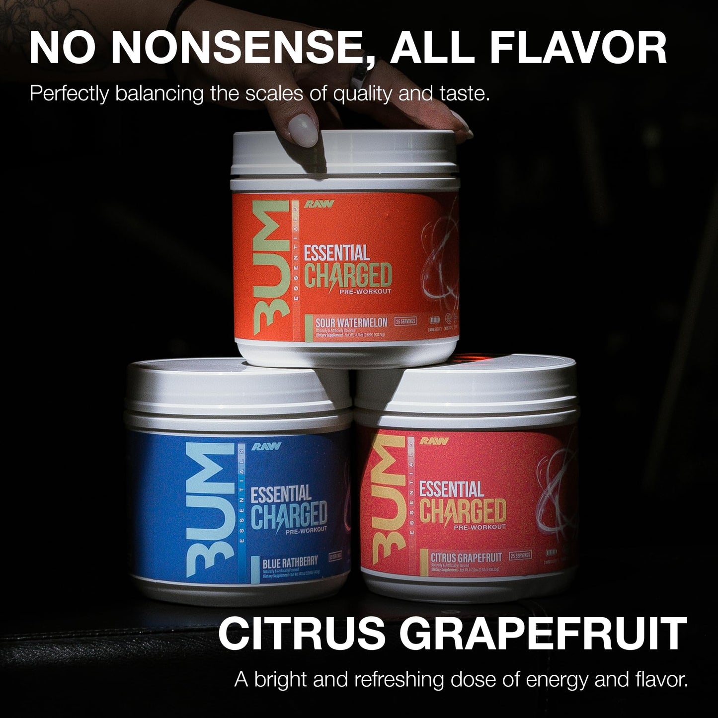 RAW Pre-Workout Powder, Essential CHARGED (Citrus Grapefruit) - Preworkout Supplement for Men, Women - Supports Focus, Mood, Performance - Caffeine, Alpha-GPC, L-Citrulline, Beta Alanine (25 Servings)