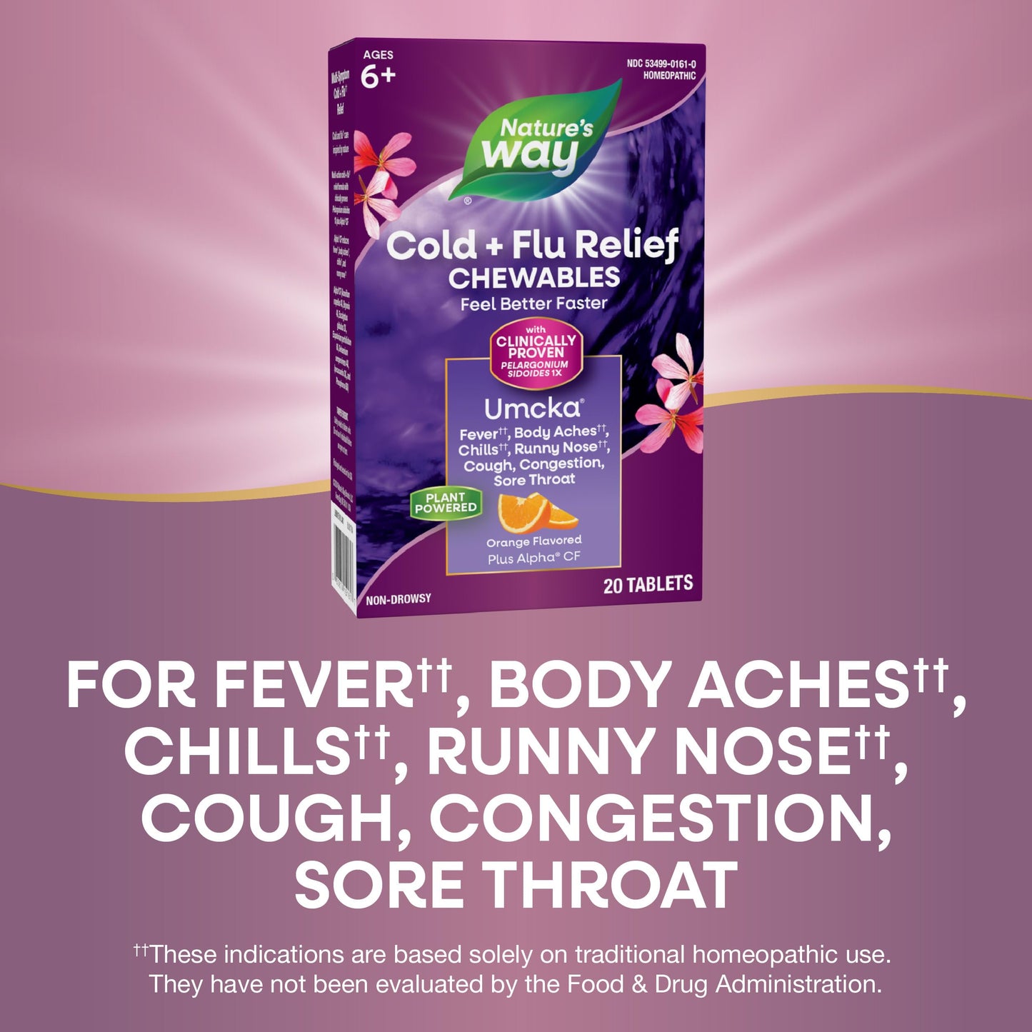 Nature's Way Cold+Flu Relief Chewables, Umcka, Shortens Duration & Reduces Severity, Multi-Symptom Relief, Homeopathic, Non-Drowsy, Orange Flavored, 20 Chewable Tablets (Packaging May Vary)