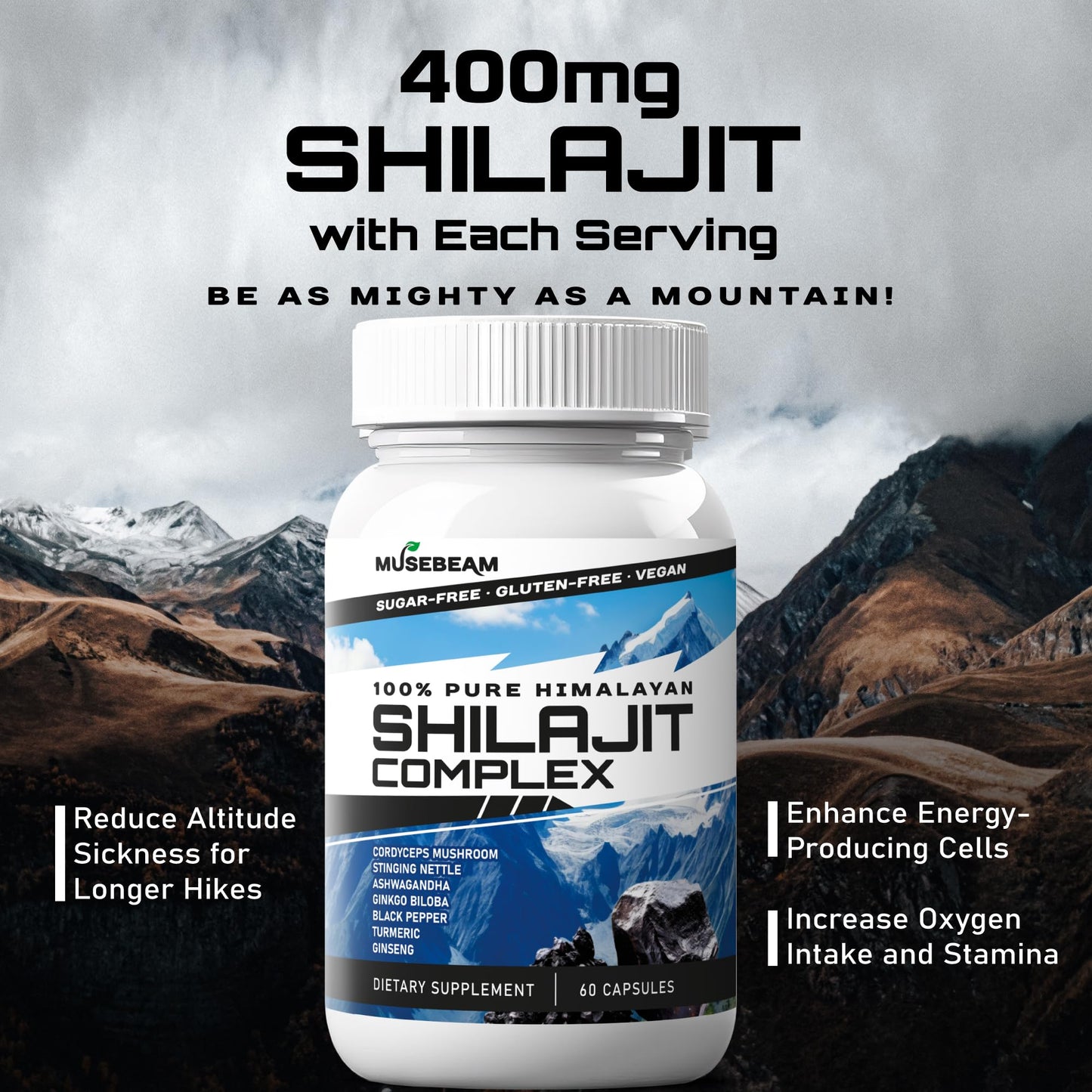 musebeam Himalayan Shilajit Capsules Men Women - Pure Himalayan Fulvic Acid Supplement Pills - Ashwagandha Turmeric Ginkgo Biloba Ginseng Cordyceps Mushroom Stinging Nettle Black Pepper