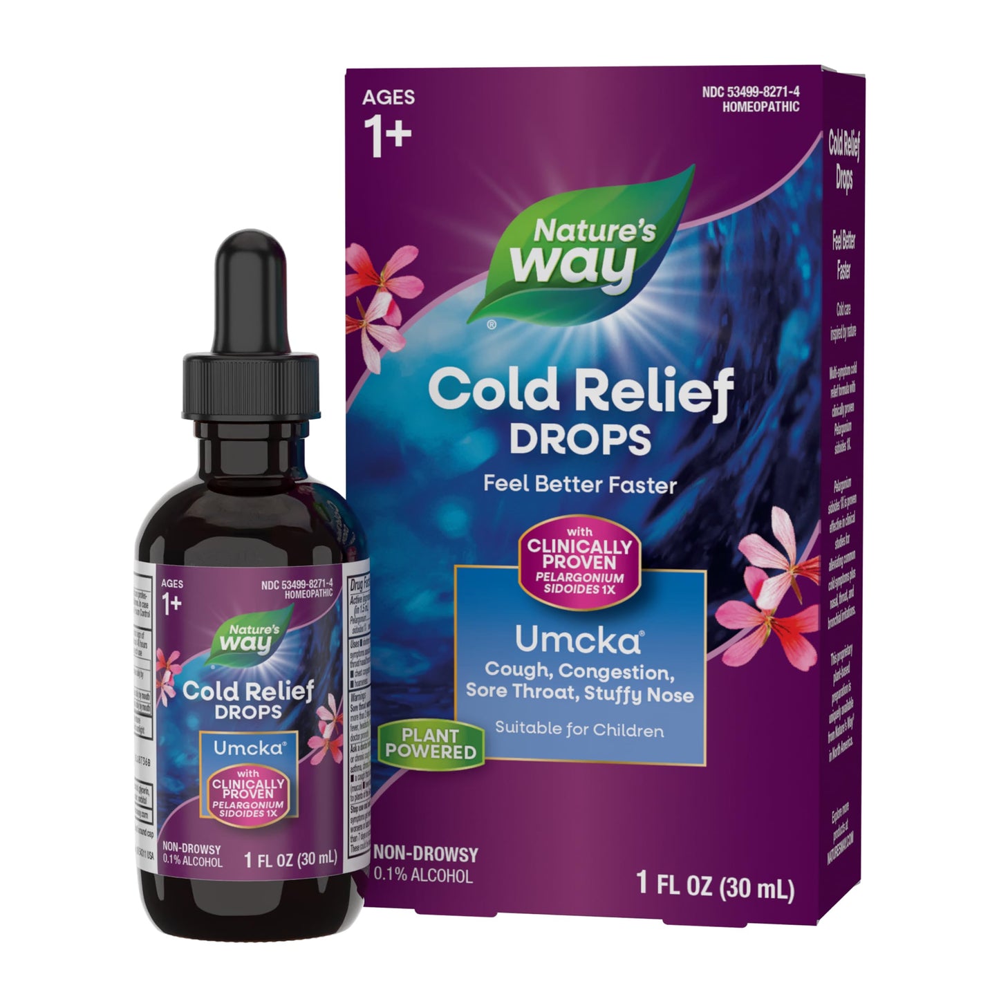 Nature's Way Cold Relief Drops, Umcka, Feel Better Faster, Multi-Symptom Cold Relief, Homeopathic, Shortens Colds, Sore Throat, Cough and Congestion, Non-Drowsy, 1 Fl Oz (Packaging May Vary)