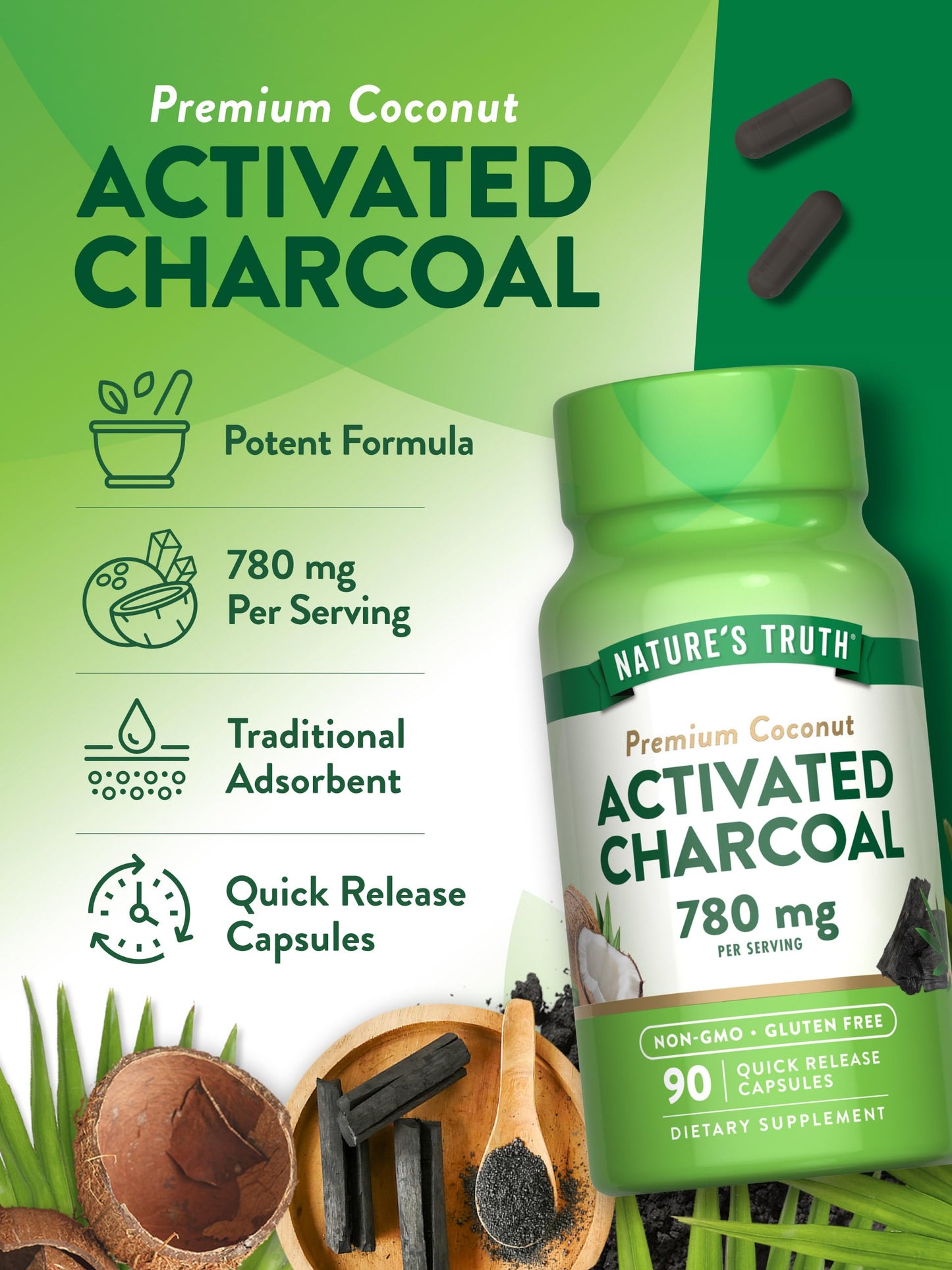 Nature's Truth Activated Charcoal Capsules | 90 Count | Non-GMO & Gluten Free Supplement