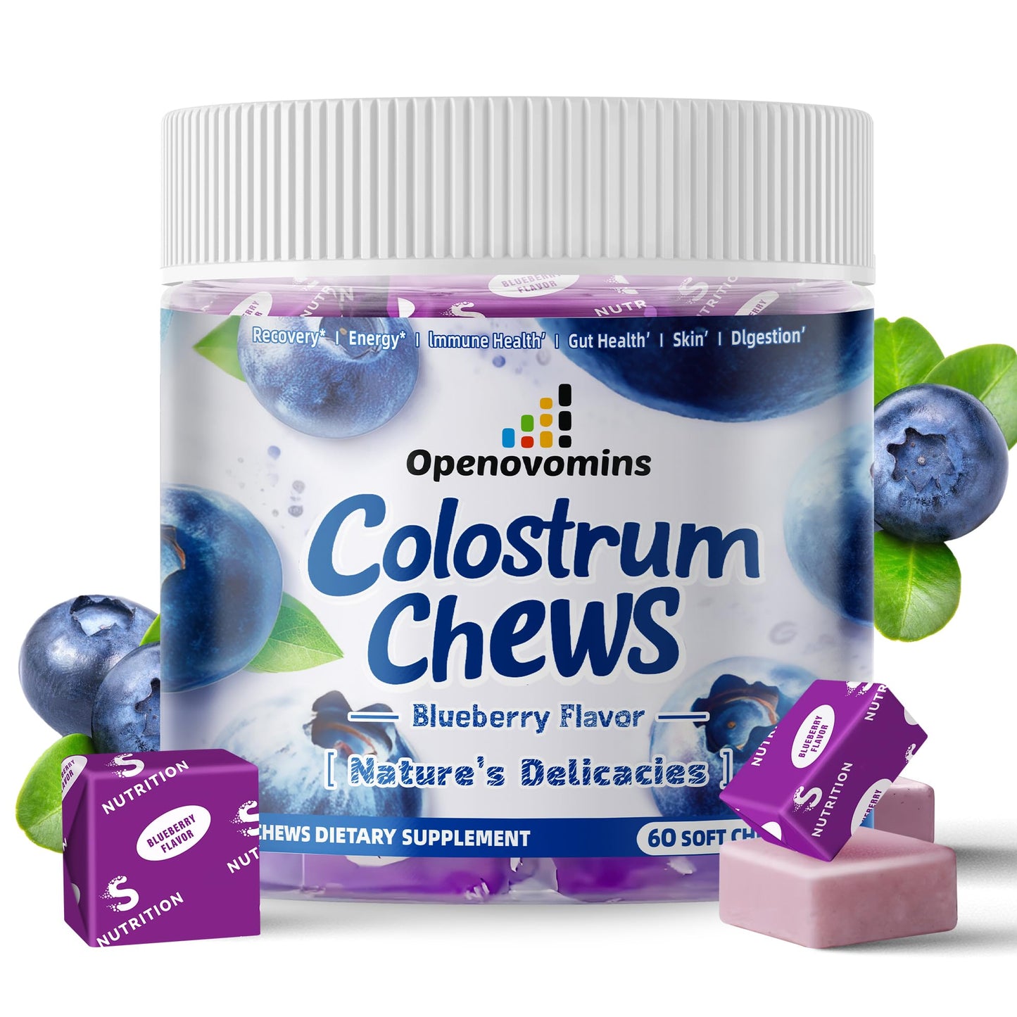 Bovine Colostrum Soft Chews Supplement with probiotics for Gut Health, Bloating, Immune Support, Skin, Hair Growth and Beauty - Blueberry Flavor (60 Servings)