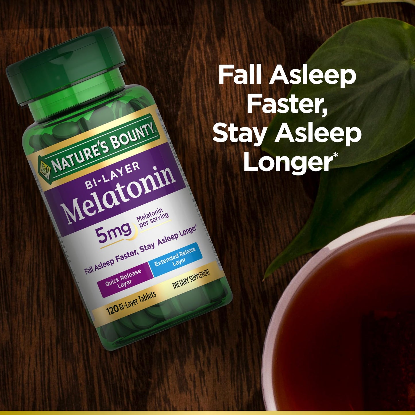 Nature's Bounty Melatonin 5mg, 100% Drug Free Sleep Supplements, Quick Release and Extended Release, Promotes Relaxation and Sleep Health, 120 Bi-Layer Tablets