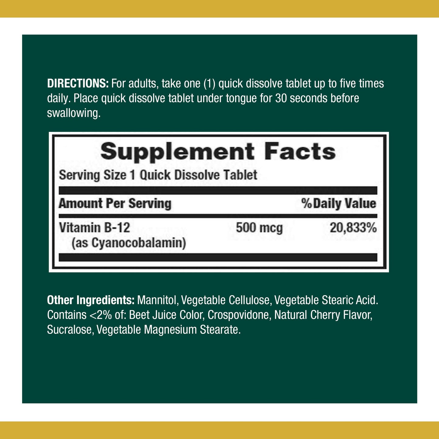 Nature's Bounty Vitamin B12, Supports Energy Metabolism and Nervous System Health, 500mcg, 100 Quick Dissolve Tablets (Pack of 2)