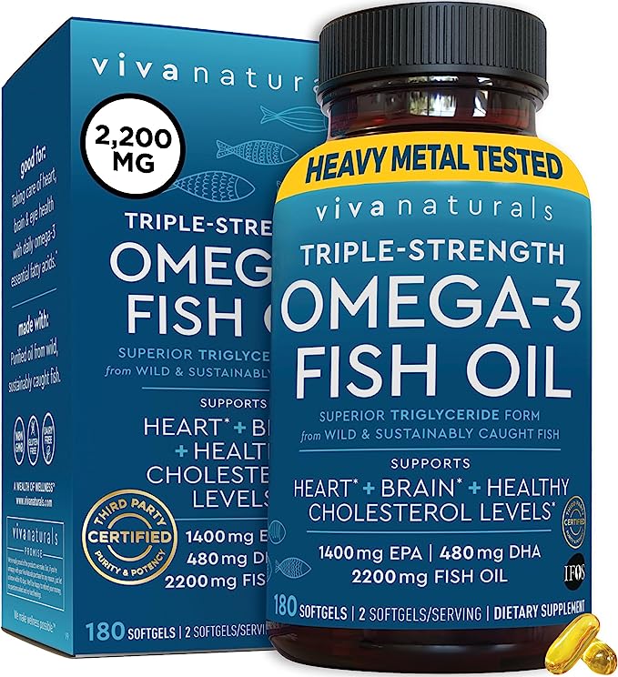 Viva Naturals Triple Strength Omega 3 Fish Oil Supplement - 2200 mg Wild Caught and Sustainably Sourced Fish Oil Vitamins with Omega 3 Fatty Acids Including EPA DHA, No Fish Burps, 180 Softgels