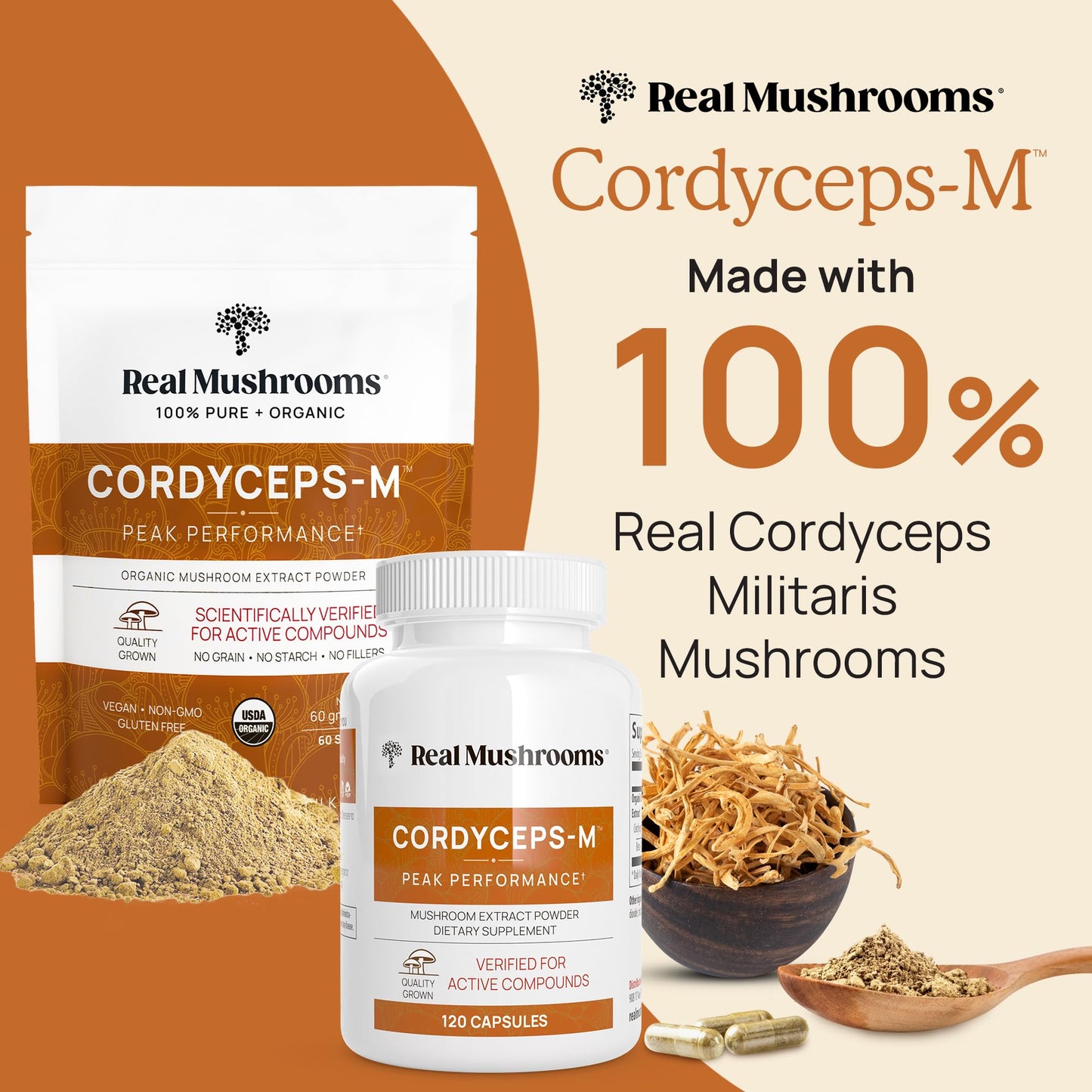 Real Mushrooms Capsules Supplements - Organic Cordyceps Mushroom Powder in Capsules – for Daily Wellness Support – Rich in Beta Glucans - Vegan, Non-GMO, 300 ct Organic Militaris Extract