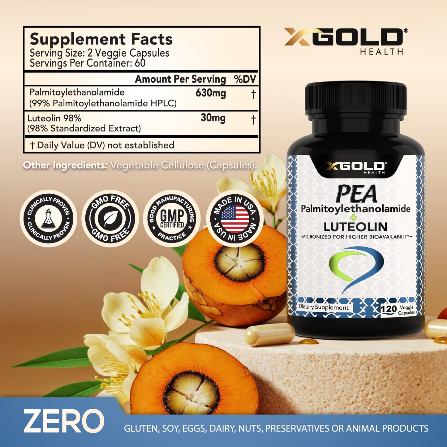 Palmitoylethanolamide 630 mg + Luteolin Standardized 98%- Micronized Pea 99% Highly Purified and Bioavailable - Made in USA - Supplement for Men and Women - 120 Veggie Capsules
