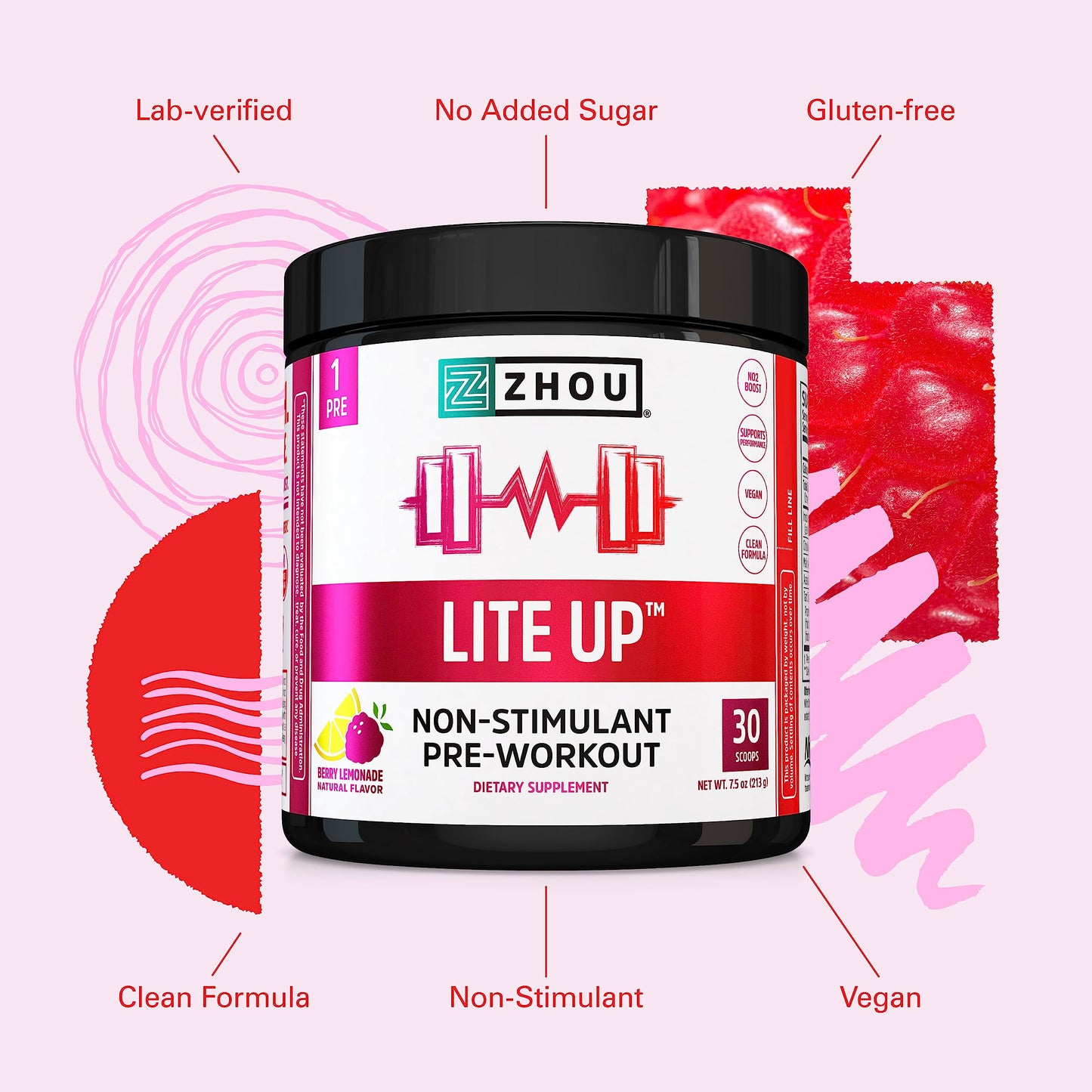 Zhou Lite Up - Non Stim Powder, Nitric Oxide Stim Free Supplement for Men & Women, Caffeine Free Boost, Clean Formula - Berry Lemonade Flavor, 7.5 oz Jar (30 Scoops)
