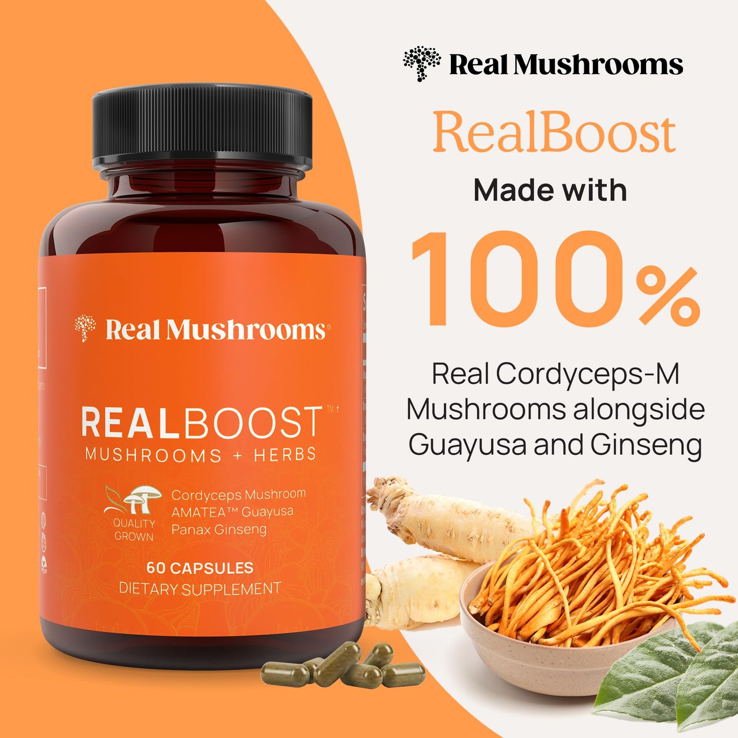 Real Mushrooms RealBoost Capsules – Cordyceps Mushroom, Panax Ginseng & Guayusa Extract – for Overall Wellness & Energy Support – Vegan, Non-GMO, No Fillers – 60 Count Mushroom Supplement Blend