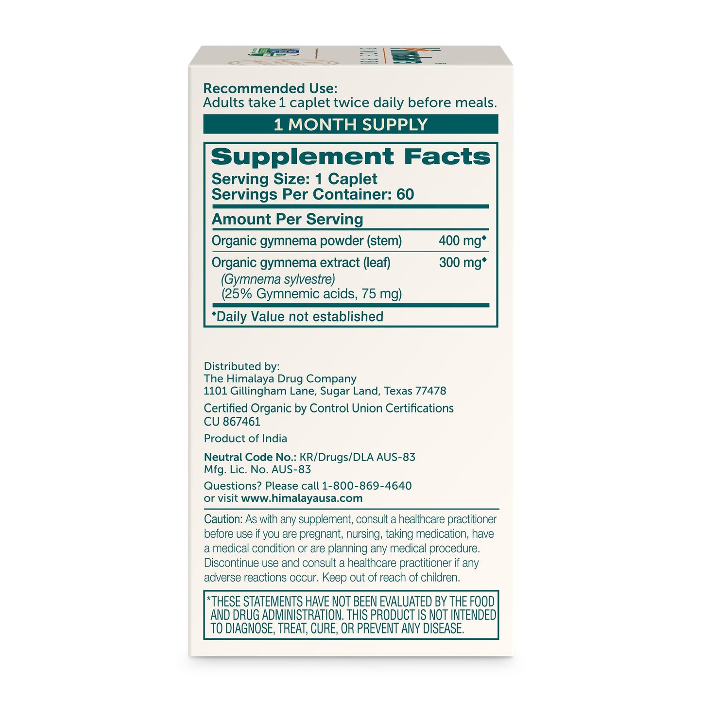 Himalaya Organic Gymnema Sylvestre Herbal Supplement USDA Certified Organic, Non-GMO, 700 mg, 60 Plant-Based Caplets