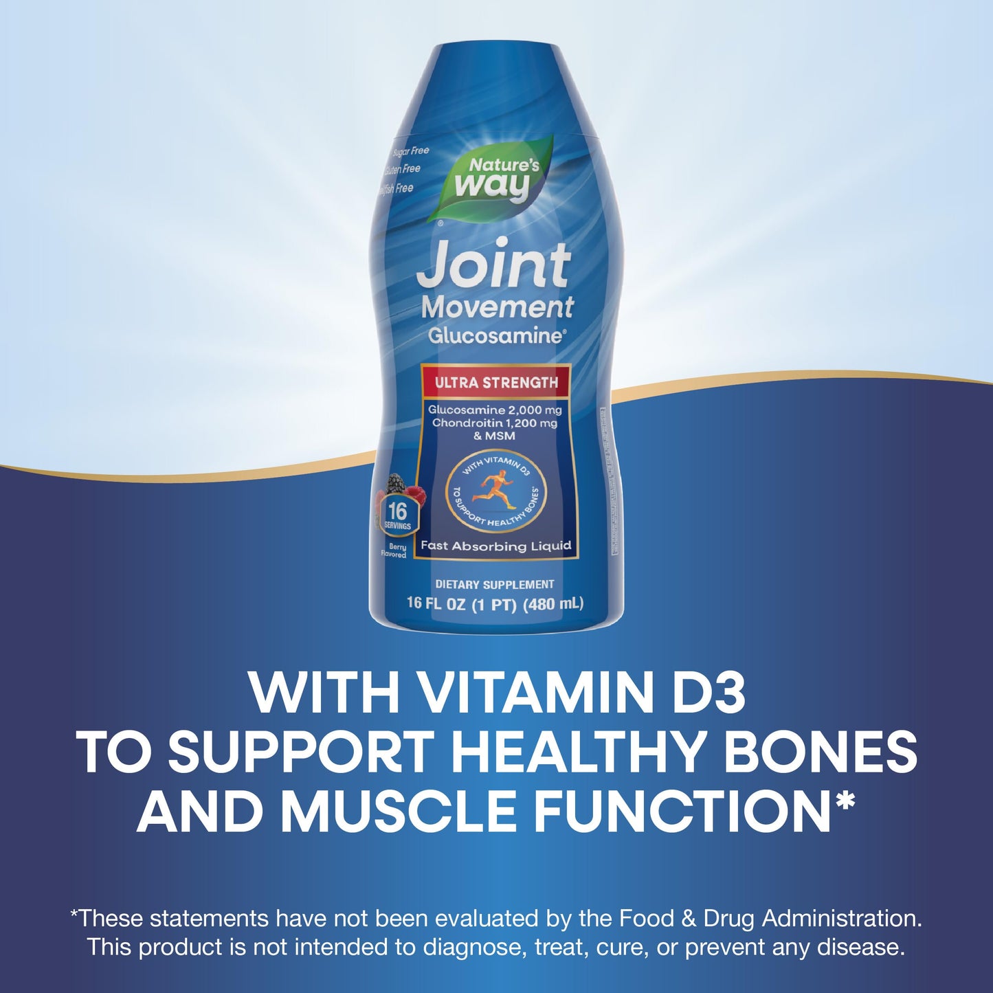 Nature's Way Joint Movement Glucosamine Fast Absorbing Liquid, Ultra Strength, Supports Healthy Bones*, Chondroitin, and MSM with Vitamin D3, Berry Flavored, 16 Fl Oz (Packaging May Vary)