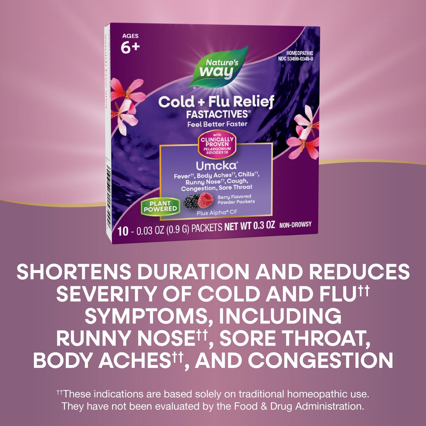 Nature's Way Cold + Flu Relief FastActives, Umcka, Homeopathic, Fever*, Sore Throat, Cough, Congestion, Body Aches*, Phenylephrine Free, Non-Drowsy, Berry Flavored, 10 Packets (Packaging May Vary)