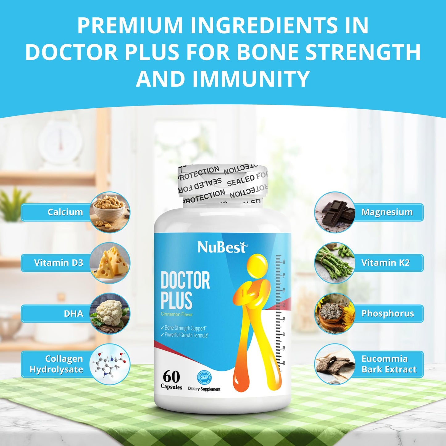 NuBest Doctor Plus 60 Capsules - Premium Bone Strength Supplement for Increase Development, Brain Growth, Boost Immunity with Calcium, Vitamins D3, Vitamin K2, and Herbs for Age 10+