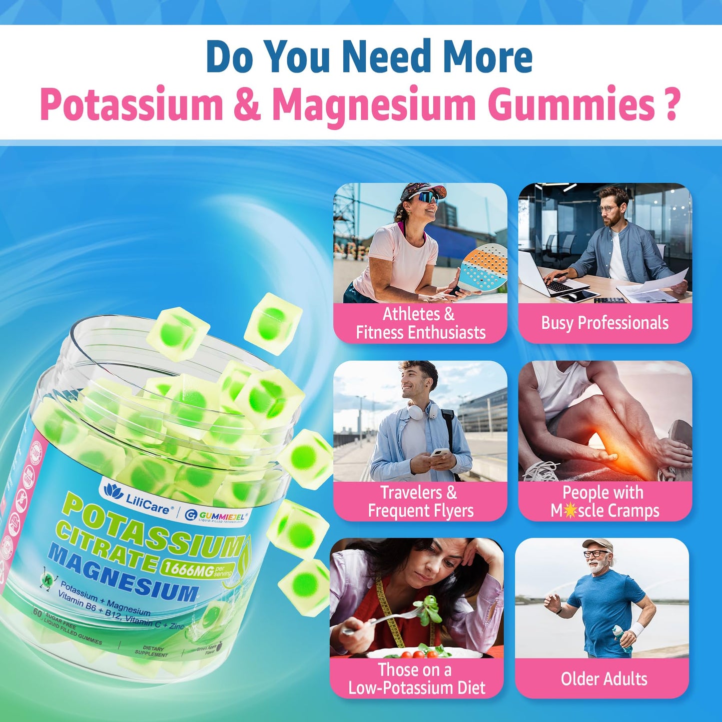 Potassium Citrate Gummies 1666mg for Adults - Potassium Supplement, Magnesium Glycinate, Zinc, B6, B12 & C â Electrolyte Gummies for Energy, Recovery & Leg Cramps, Vegan 60 Cts