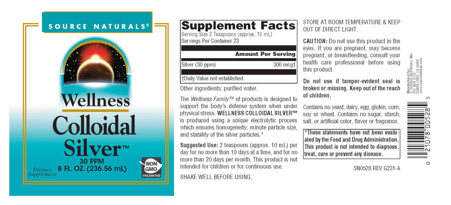 Pre-Order | Arrives in 5–10 Days – Source Naturals Wellness Colloidal Silver 30 ppm, Supports Physical Well Being* - 8 Fluid oz