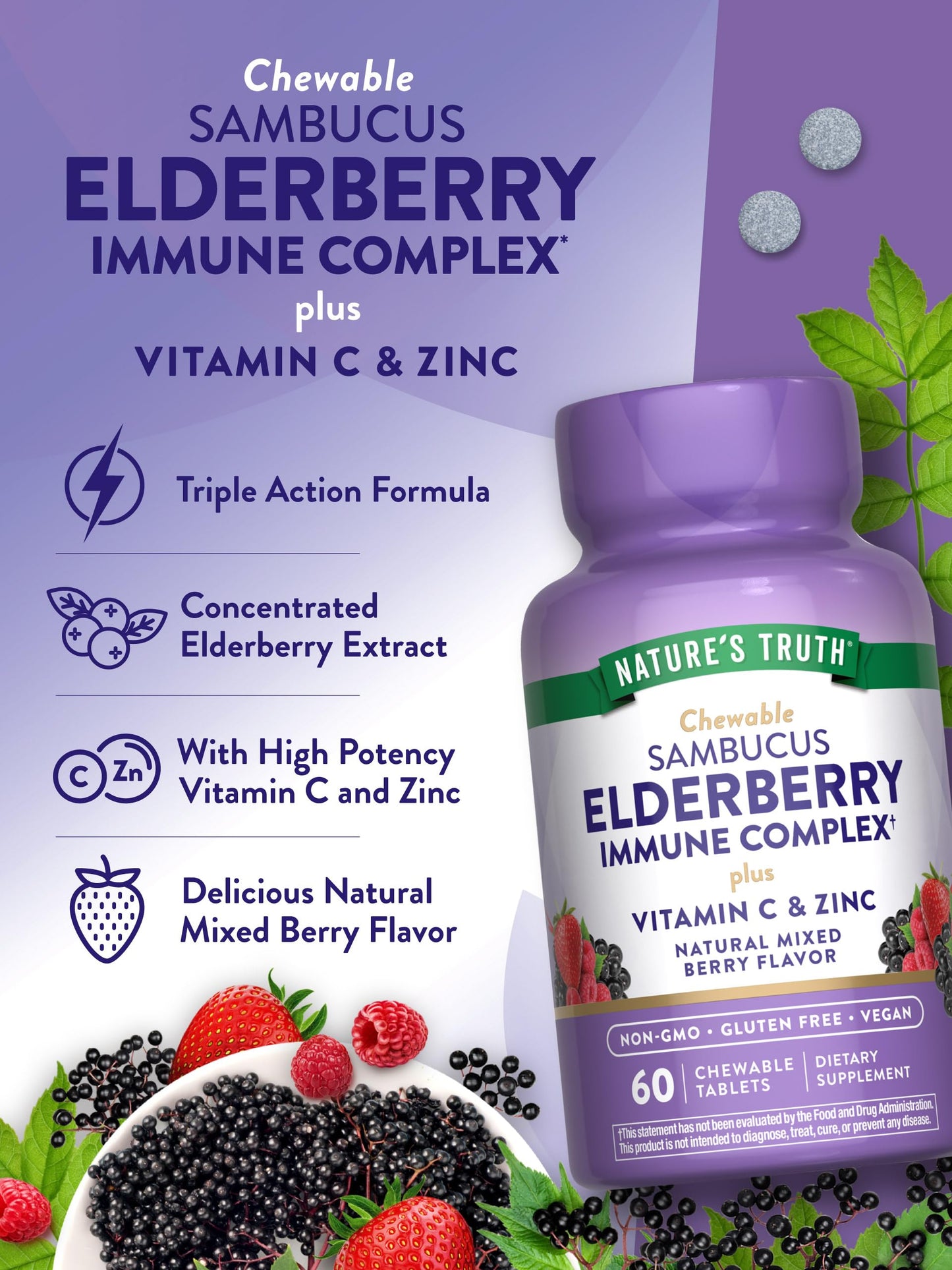 Nature's Truth Elderberry Immune Complex | 60 Chewable Tablets | Plus Vitamin C & Zinc | Mixed Berry | Vegan, Non-GMO, & Gluten Free Supplement