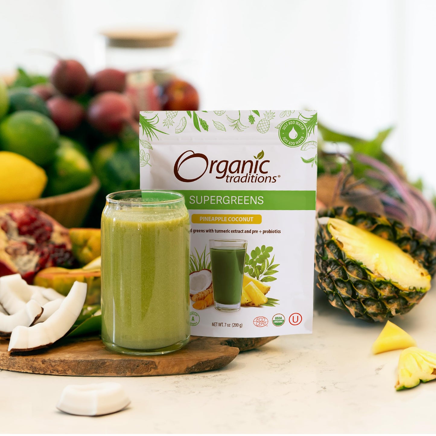 Organic Traditions Super Greens Powder Superfood with Turmeric, Pineapple Coconut Flavored Organic Greens Superfood Powder, 200g / 7oz Bag