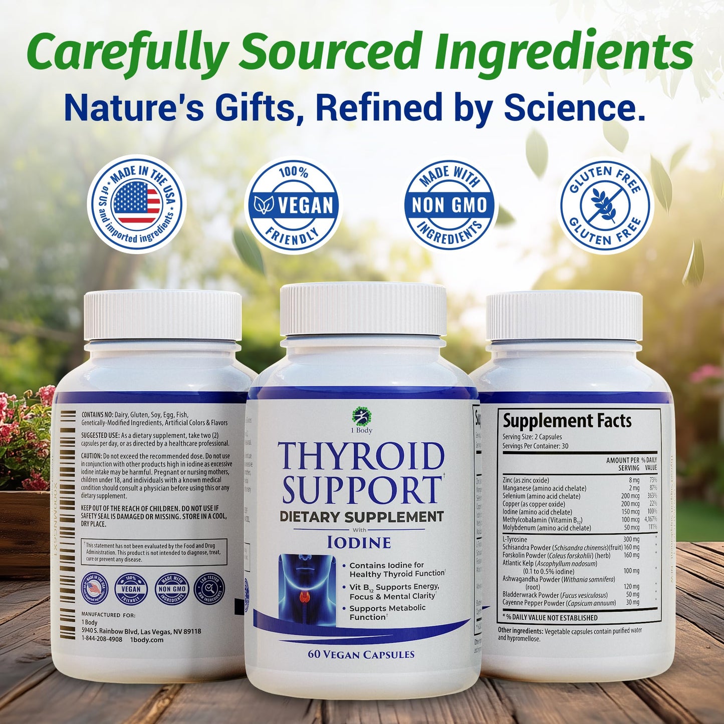 1 Body Thyroid Support Supplement with Iodine, B12, Zinc, Selenium, Ashwagandha, Non-GMO, Vegetarian, 30 Day Supply