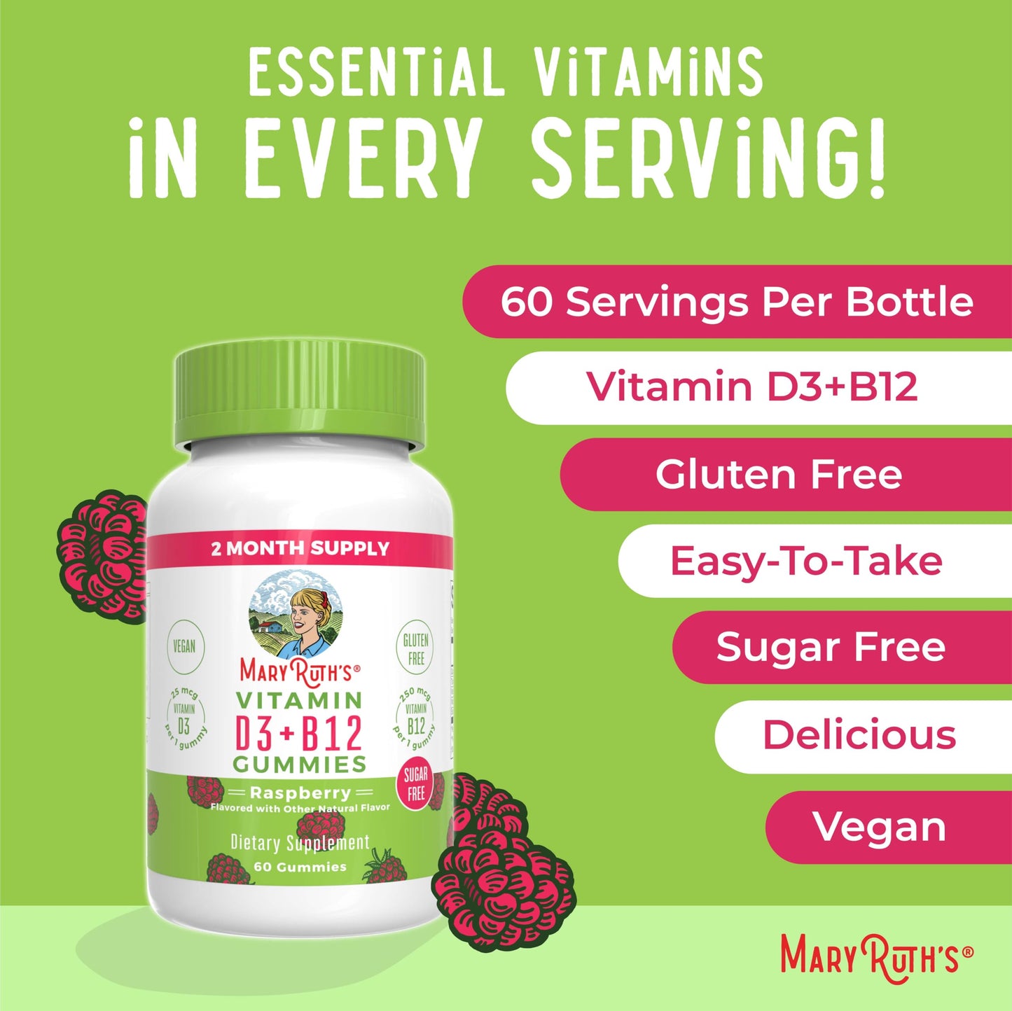 MaryRuth Organics Sugar Free | 2 Month Supply | Vitamin D & B12 Vitamin Supplements for Adults & Kids | Bone Health | Immune Support | Vegan | Non-GMO | 60 Servings